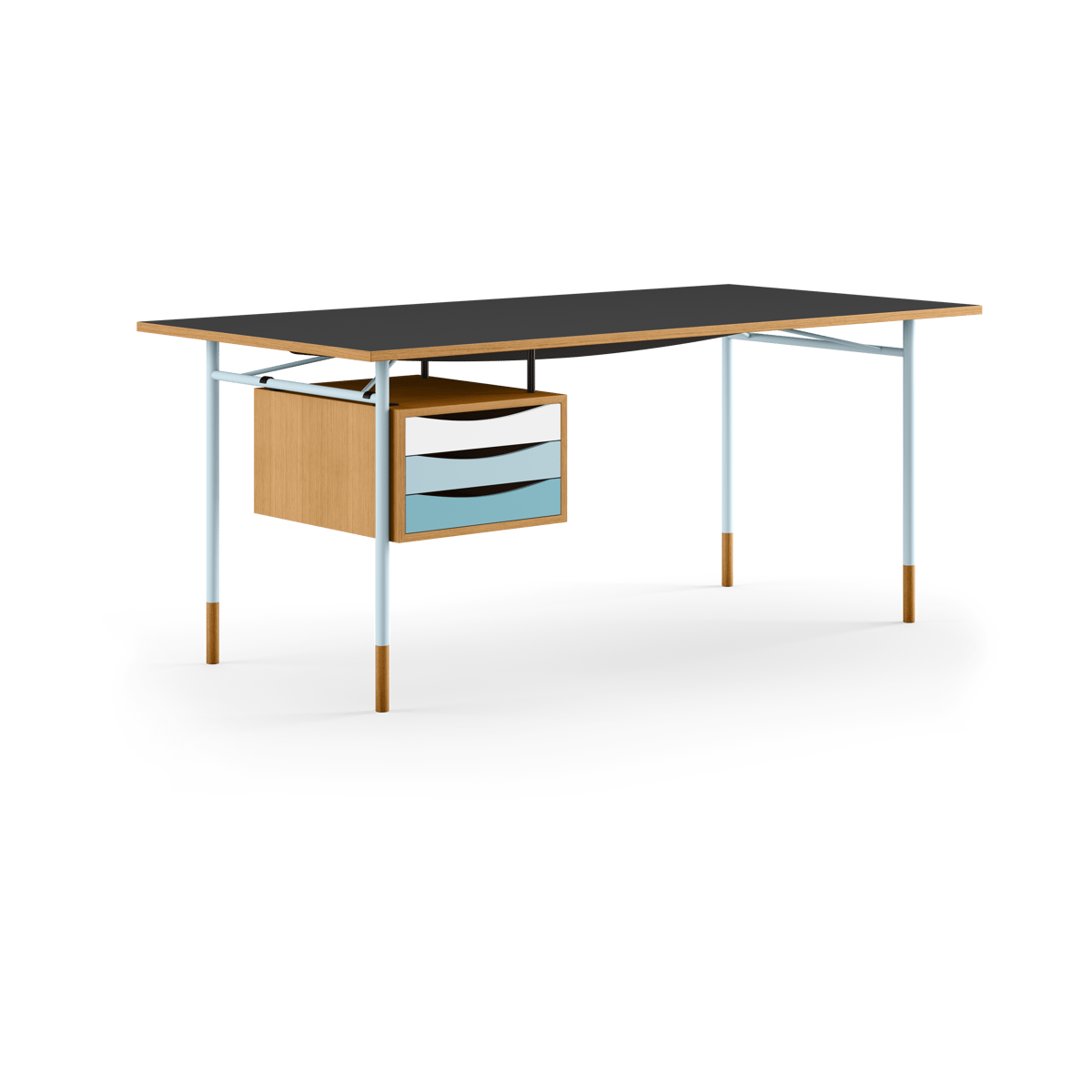 House of Finn Juhl Nyhavn desk skrivbord med skrivbordslådor Ek-sv laminat-blå ben kall