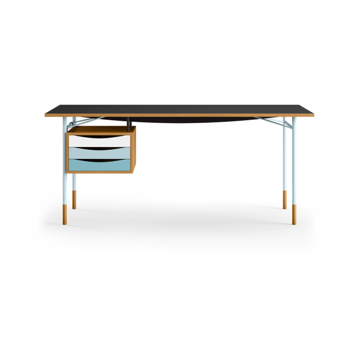 Nyhavn desk skrivbord med skrivbordslådor, Ek-sv laminat-blå ben kall House of Finn Juhl