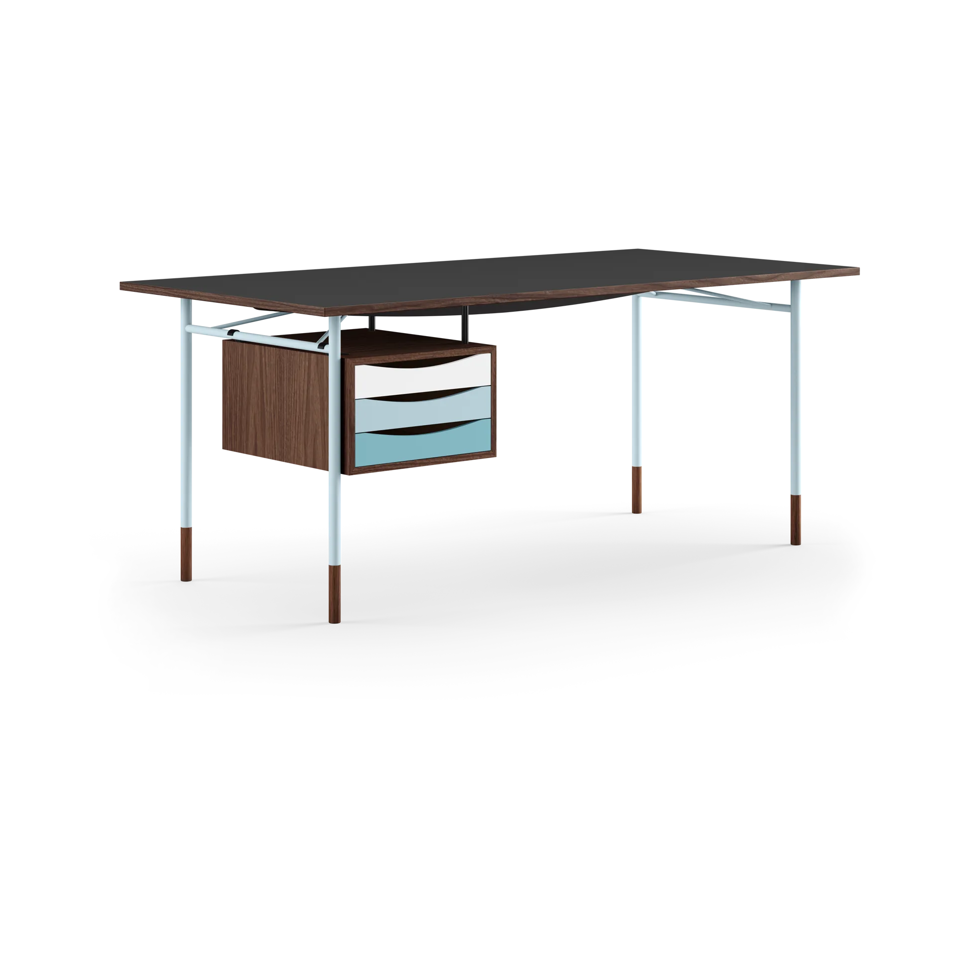 Nyhavn desk skrivbord med skrivbordslådor, Valnöt-sv laminat-blå ben kall House of Finn Juhl