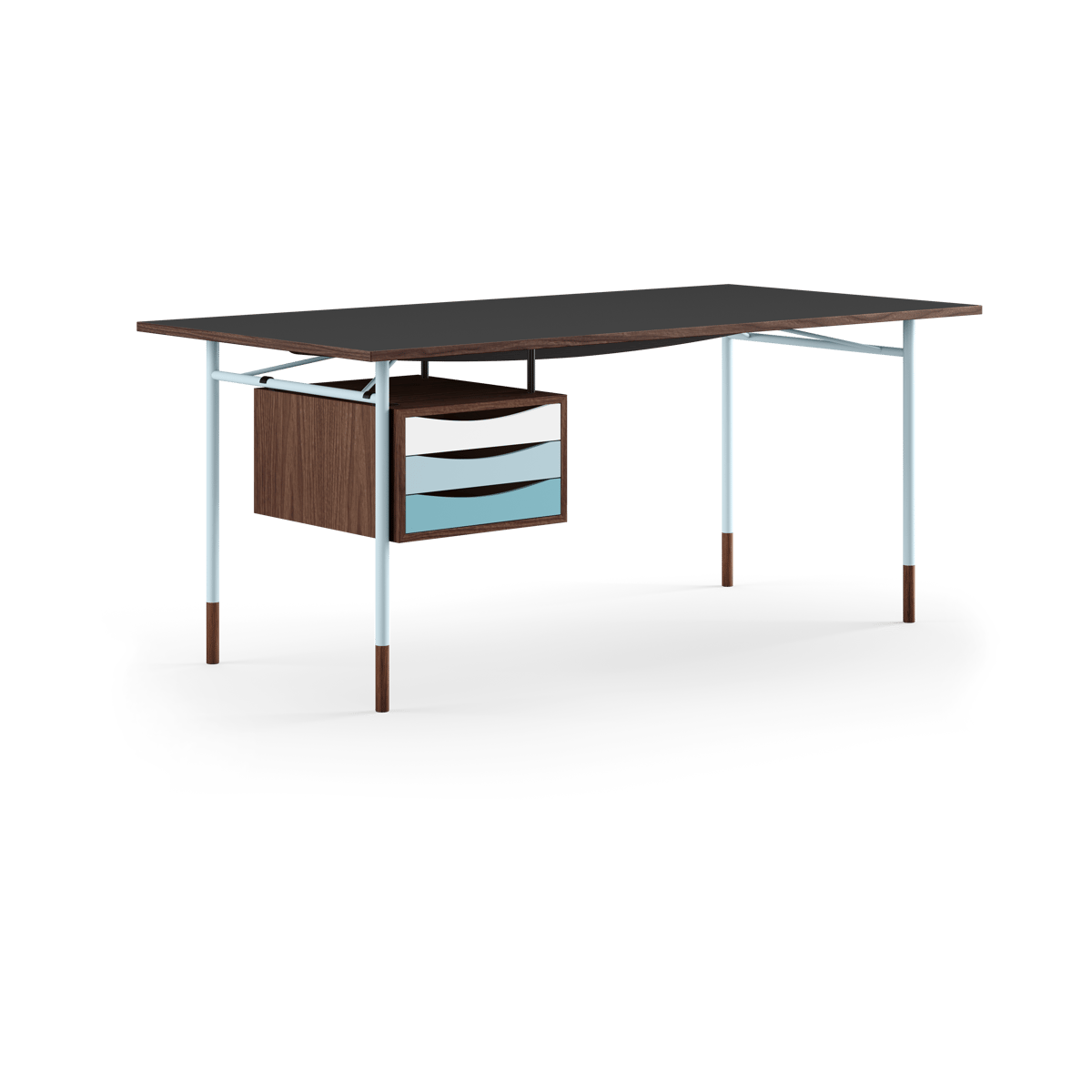House of Finn Juhl Nyhavn desk skrivbord med skrivbordslådor Valnöt-sv laminat-blå ben kall