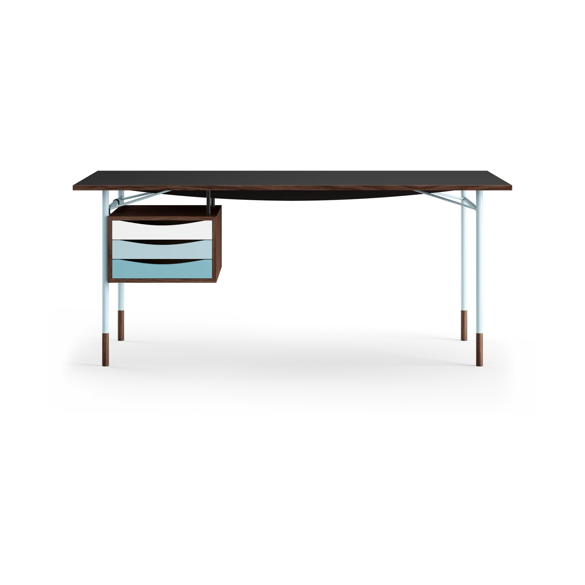 Nyhavn desk skrivbord med skrivbordslådor, Valnöt-sv laminat-blå ben kall House of Finn Juhl