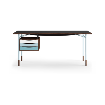 Nyhavn desk skrivbord med skrivbordslådor - Valnöt-sv laminat-blå ben kall - House of Finn Juhl