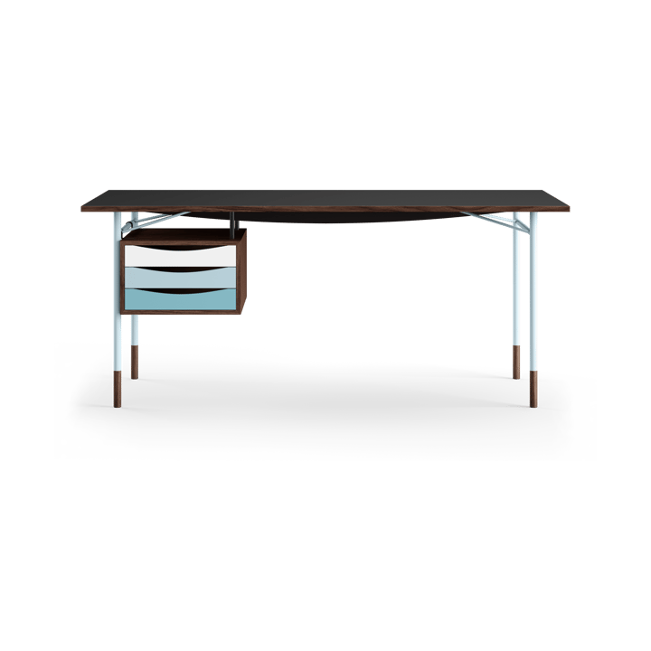 Nyhavn desk skrivbord med skrivbordslådor, Valnöt-sv laminat-blå ben kall House of Finn Juhl