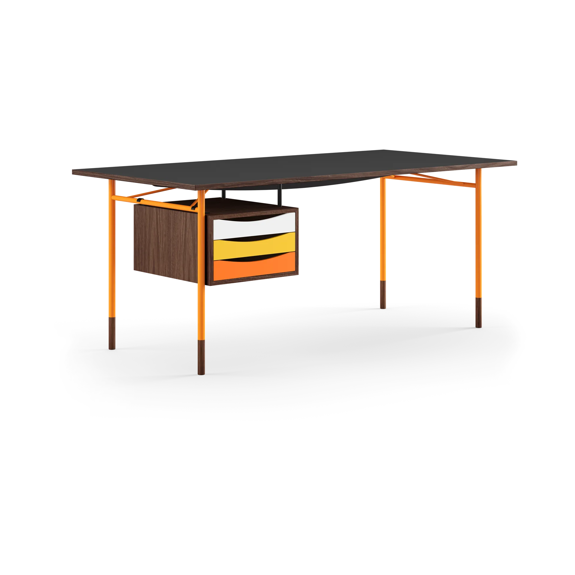 Nyhavn desk skrivbord med skrivbordslådor, Valnöt-sv laminat-orange ben varm House of Finn Juhl