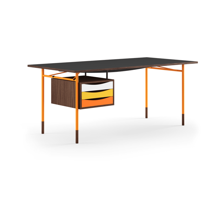 Nyhavn desk skrivbord med skrivbordslådor - Valnöt-sv laminat-orange ben varm - House of Finn Juhl