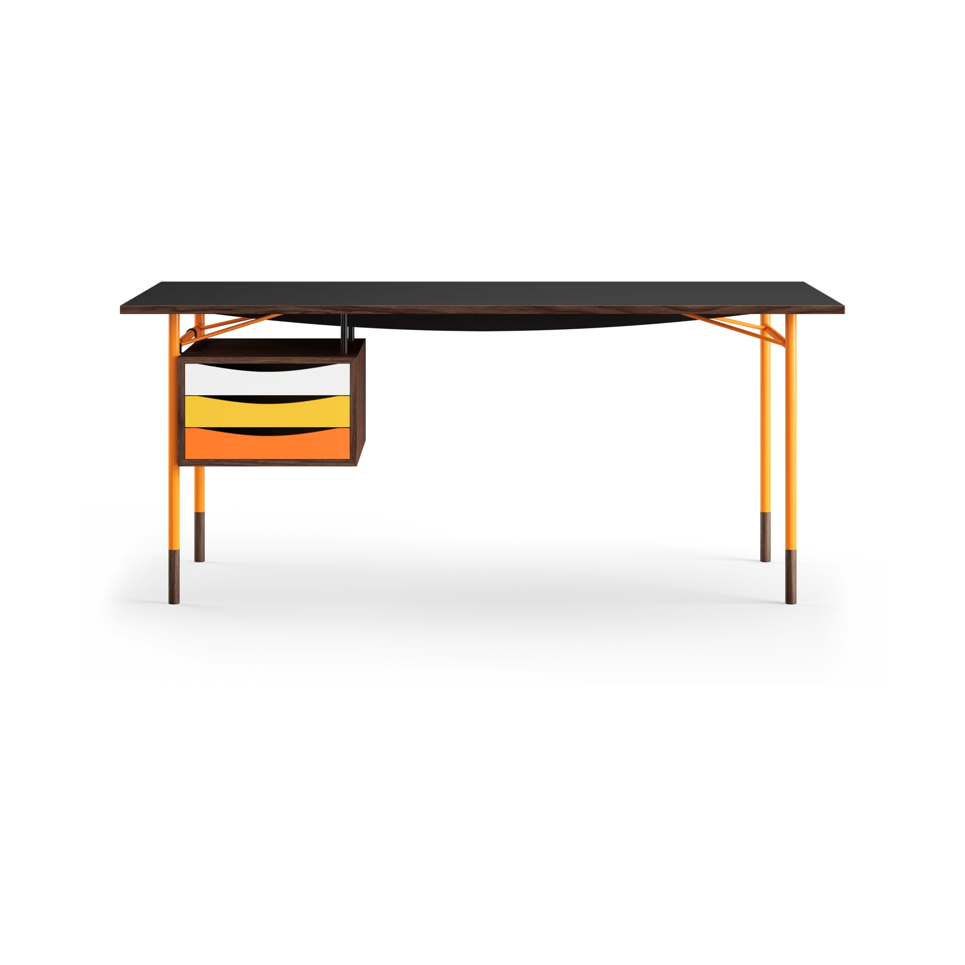Nyhavn desk skrivbord med skrivbordslådor, Valnöt-sv laminat-orange ben varm House of Finn Juhl