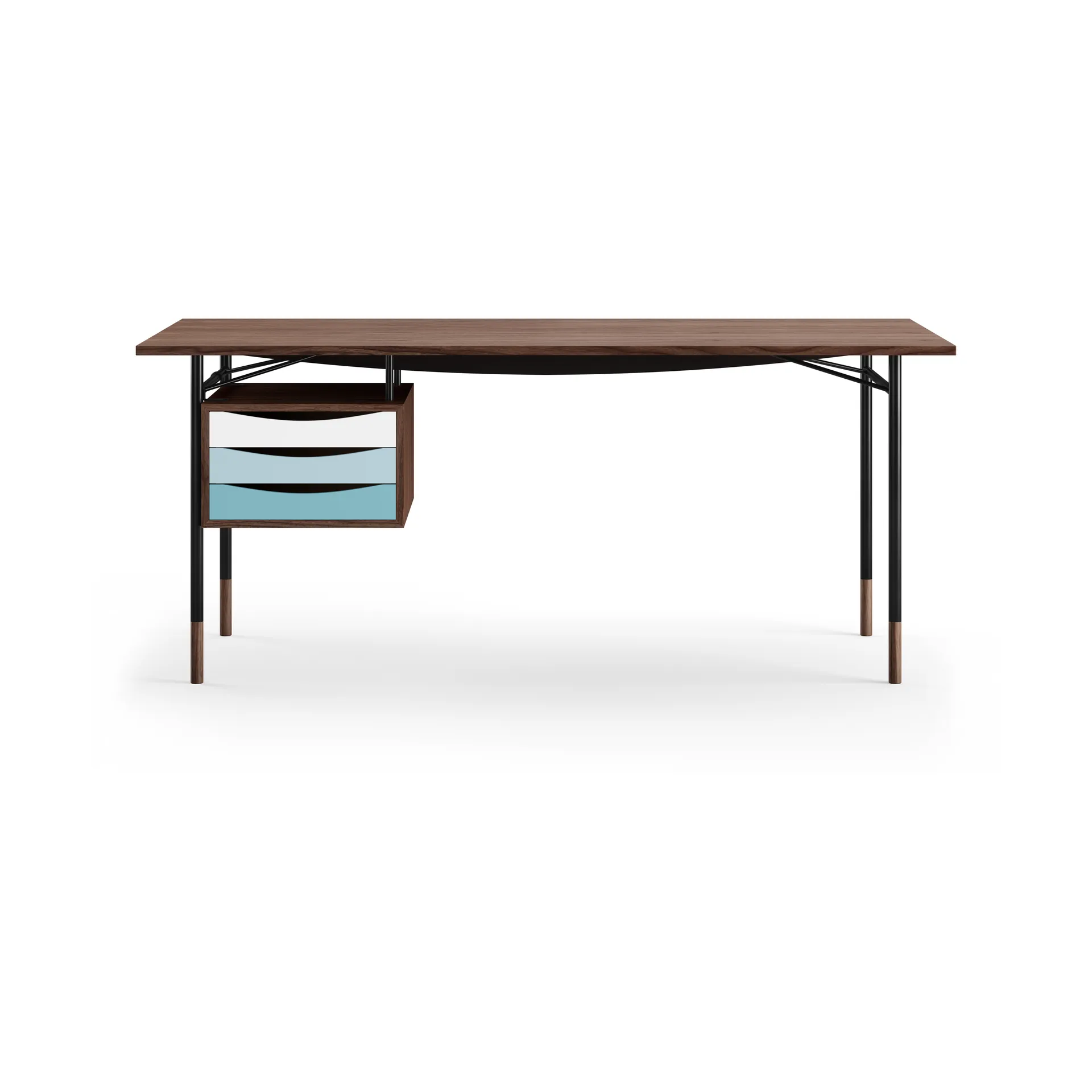 Nyhavn desk skrivbord med skrivbordslådor, Valnöt-svarta ben kall färgskala House of Finn Juhl