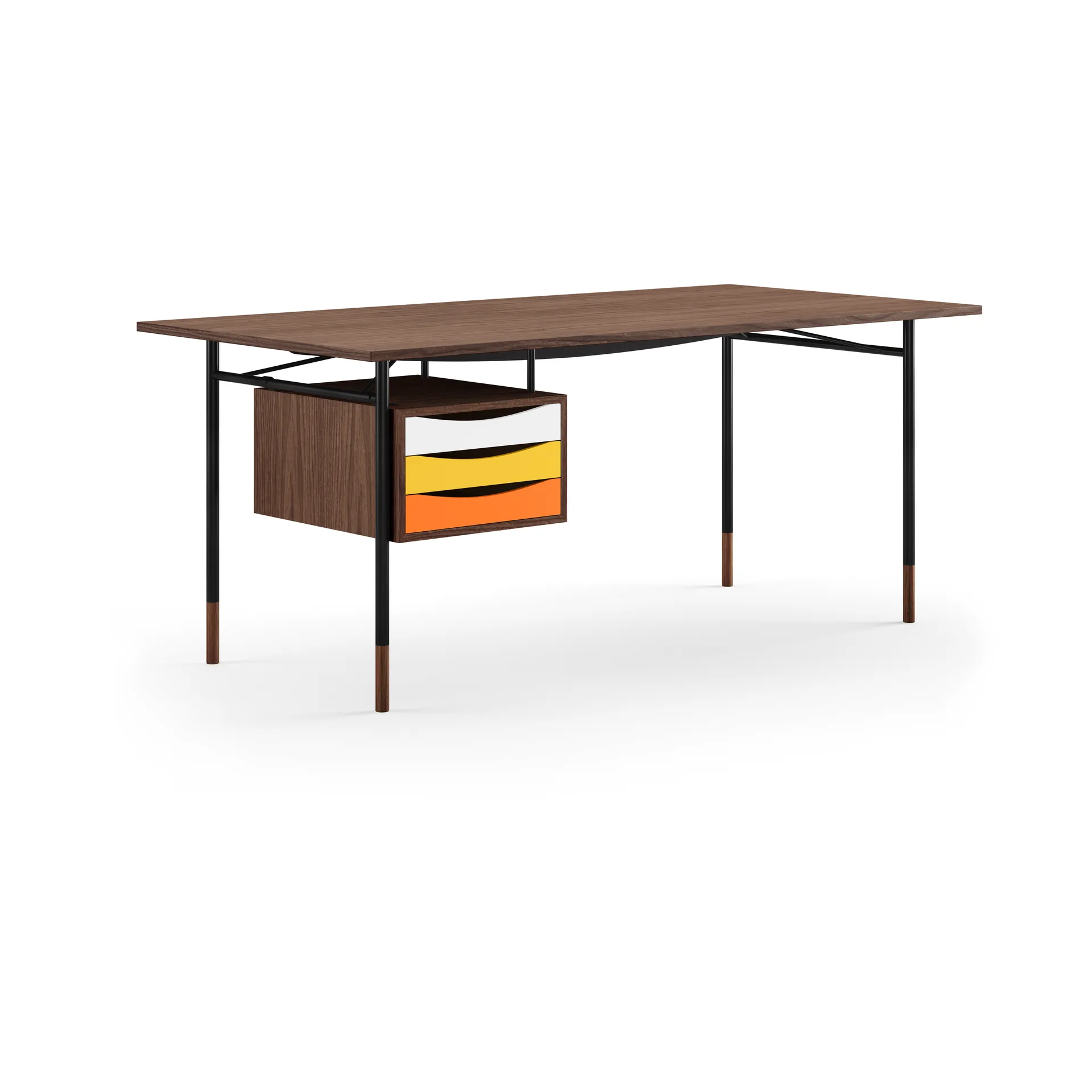 Nyhavn desk skrivbord med skrivbordslådor, Valnöt-svarta ben varm färgskala House of Finn Juhl