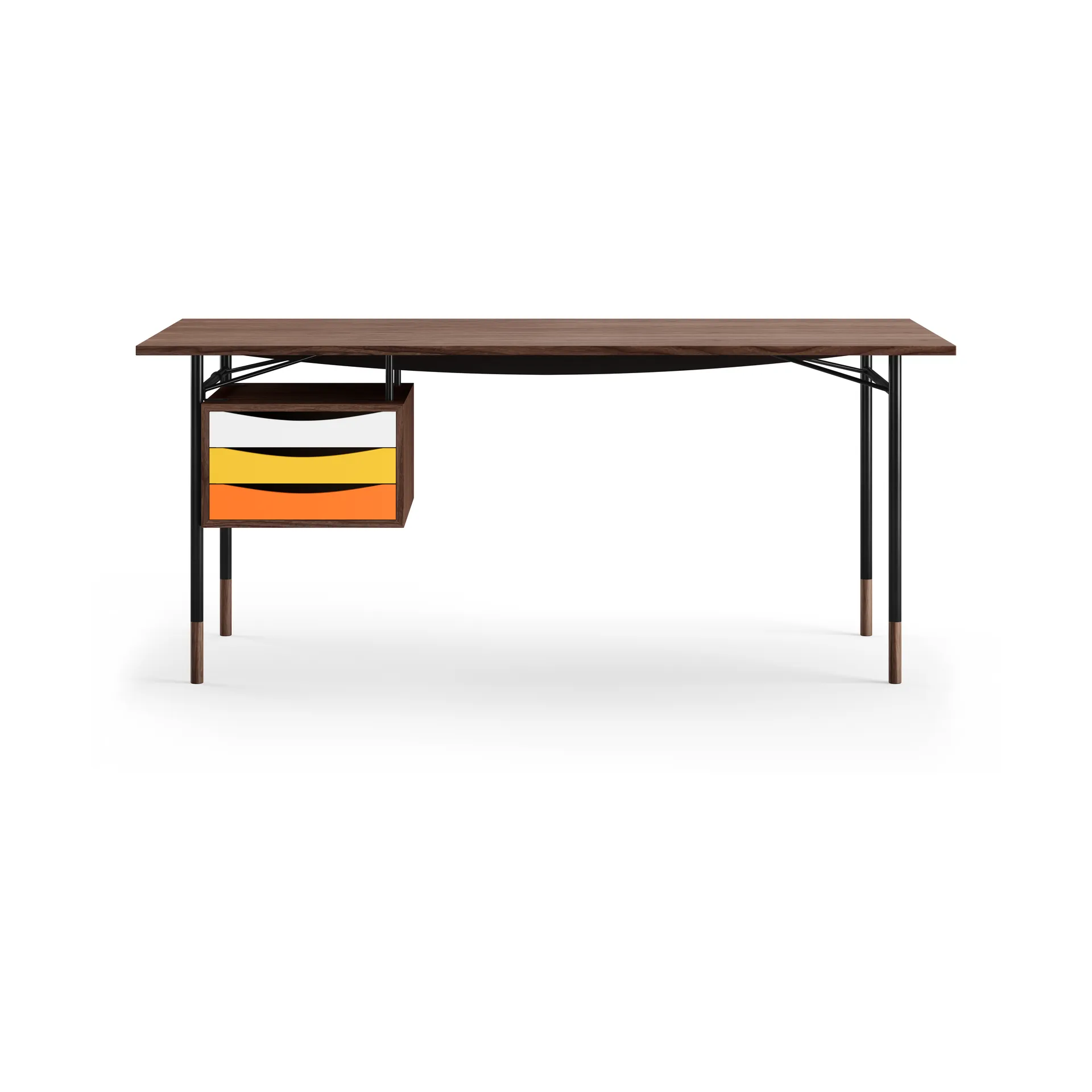 Nyhavn desk skrivbord med skrivbordslådor, Valnöt-svarta ben varm färgskala House of Finn Juhl