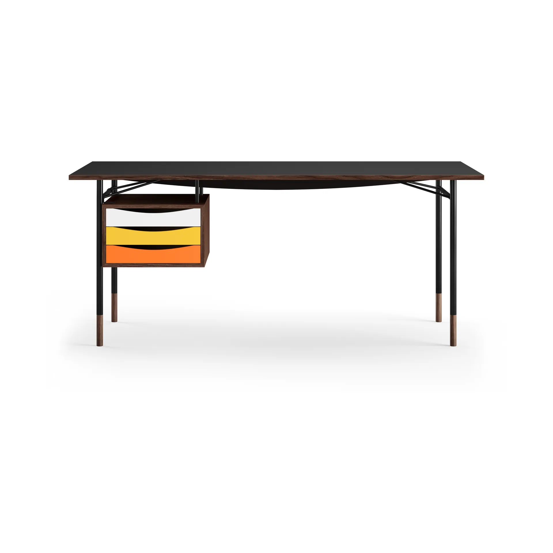 Nyhavn desk skrivbord med skrivbordslådor, valnöt/svart-varm färgskala House of Finn Juhl