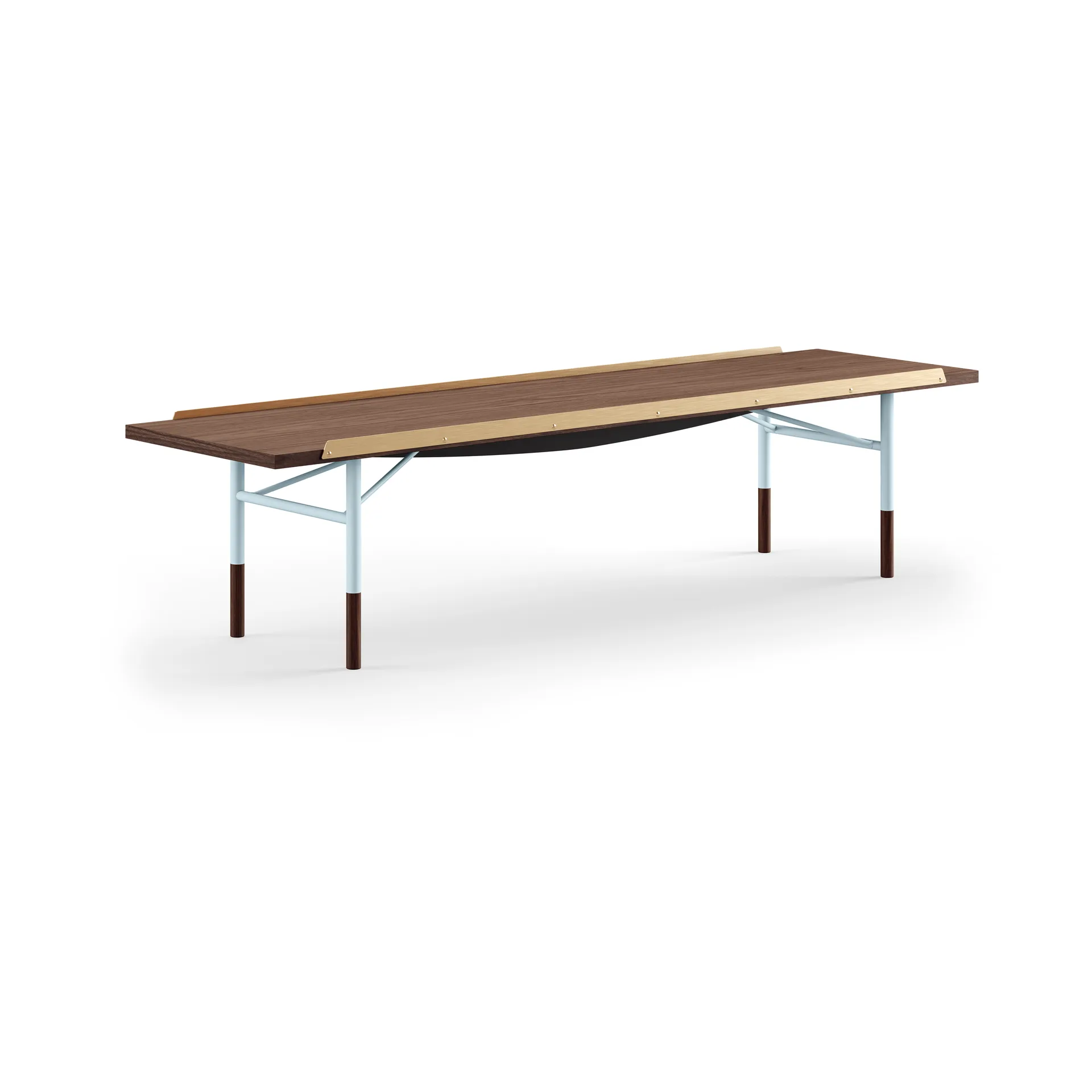 Table bänk mässingkant 170 cm, Valnöt-blå ben House of Finn Juhl