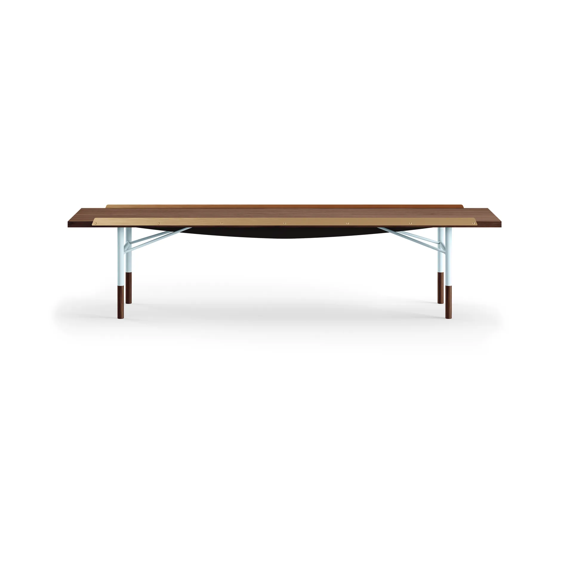 Table bänk mässingkant 225 cm, Valnöt-blå ben House of Finn Juhl