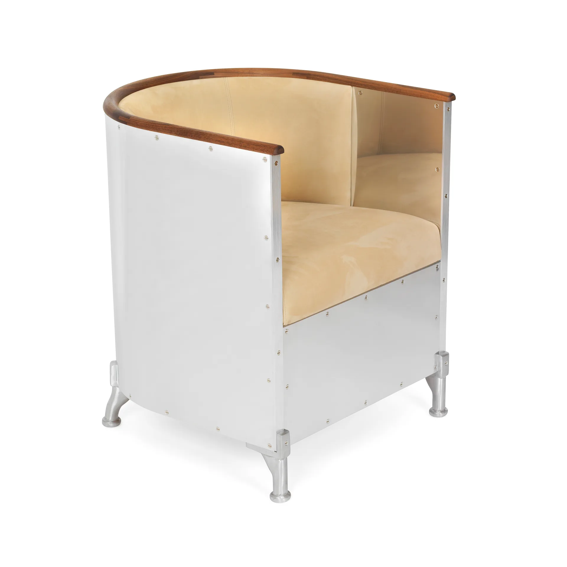 Aluminium fåtölj polerad, Läder Duet Gold-oljad valnöt Källemo