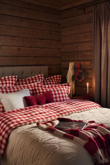 Checked cotton flannel bäddset - Red-light beige, 2 st 50x60 cm/220x220 cm - Lexington