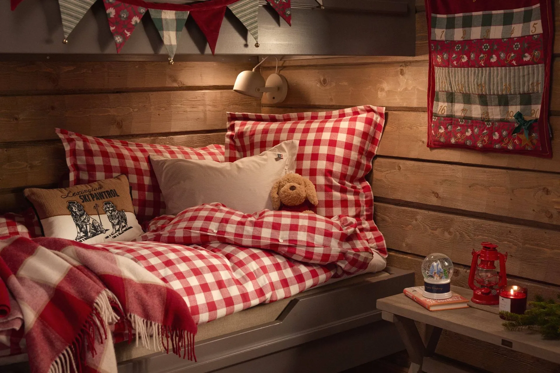 Checked cotton flannel bäddset, Red-light beige, 50x60 cm/150x210 cm Lexington