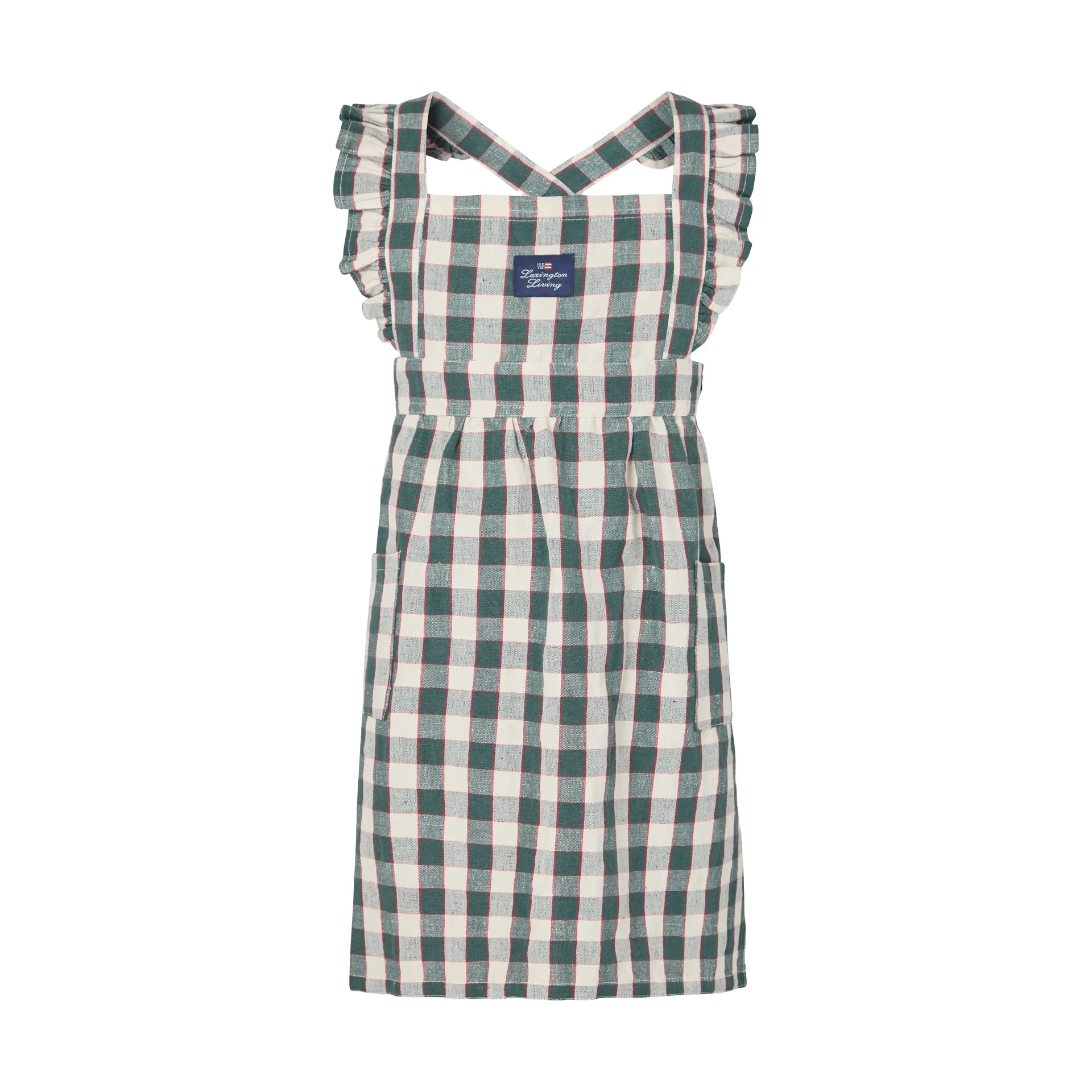 Checked cotton linen barnförkläde, Green-Light beige-red, 4-6 år Lexington