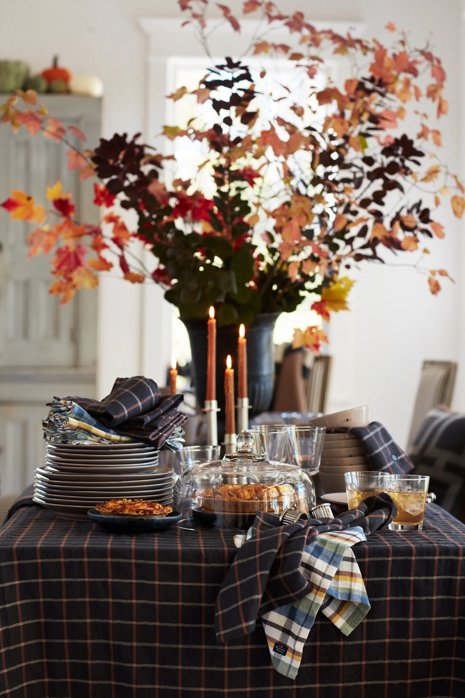 Checked Cotton Linen bordsduk 150x350 cm, Dark gray-beige Lexington