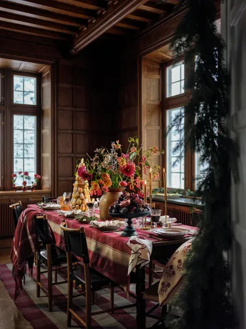 Checked linen-cotton bordsduk 150x250 cm - Röd-beige - Lexington