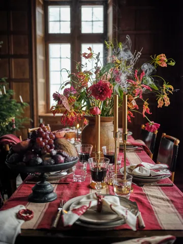 Checked linen-cotton bordsduk 150x250 cm - Röd-beige - Lexington