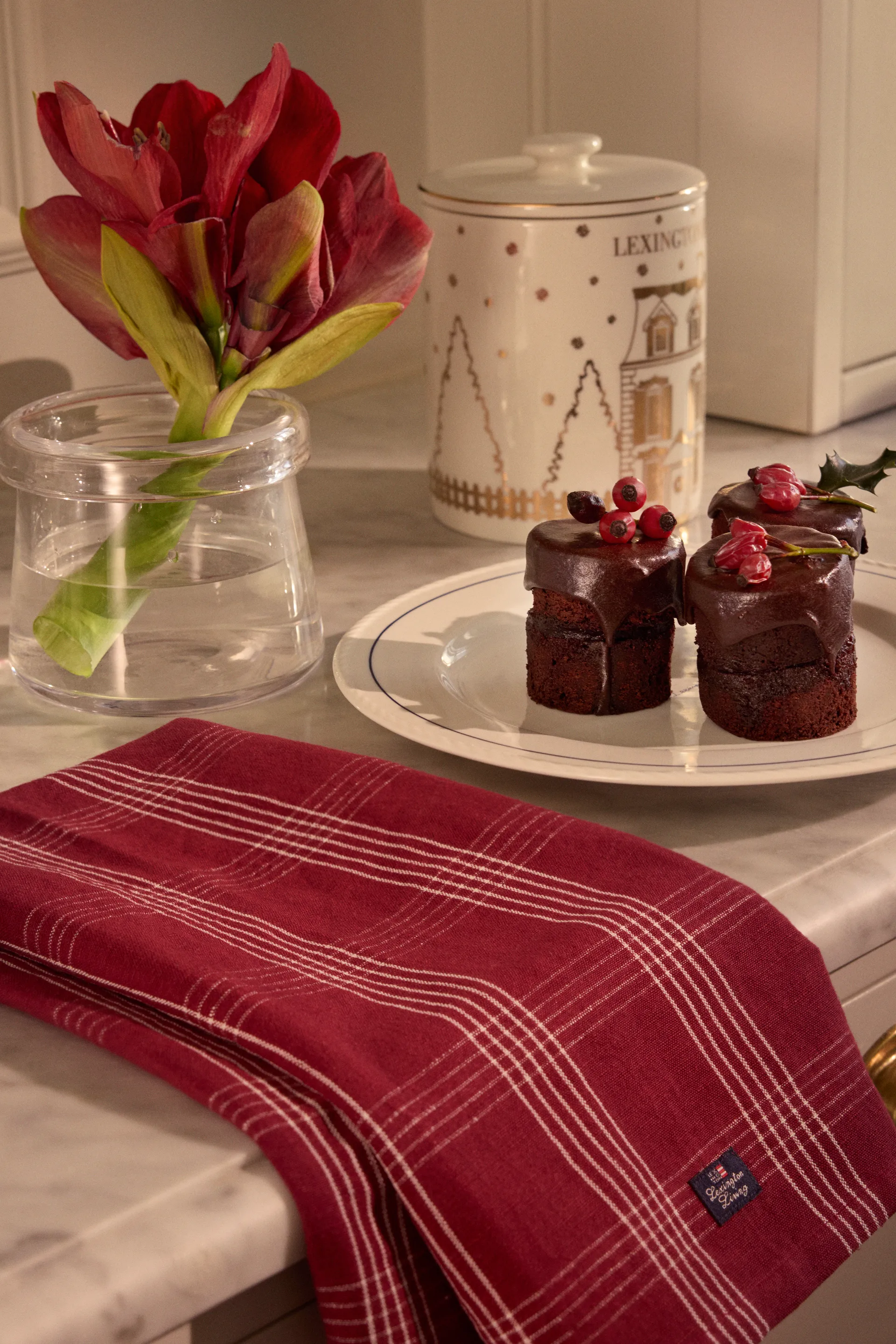 Checked linne/bomull kökshandduk 50x70 cm, Red-white Lexington