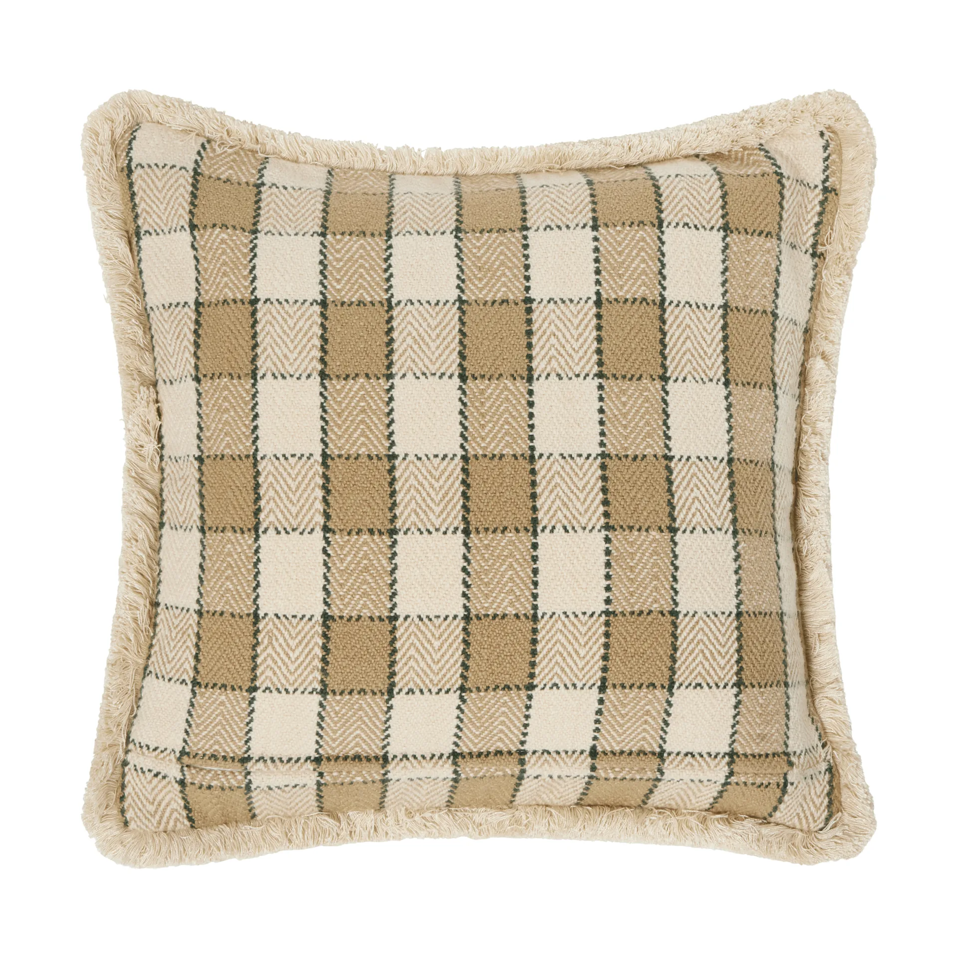 Checked organic cotton fringe kuddfodral, Beige-light beige-green Lexington