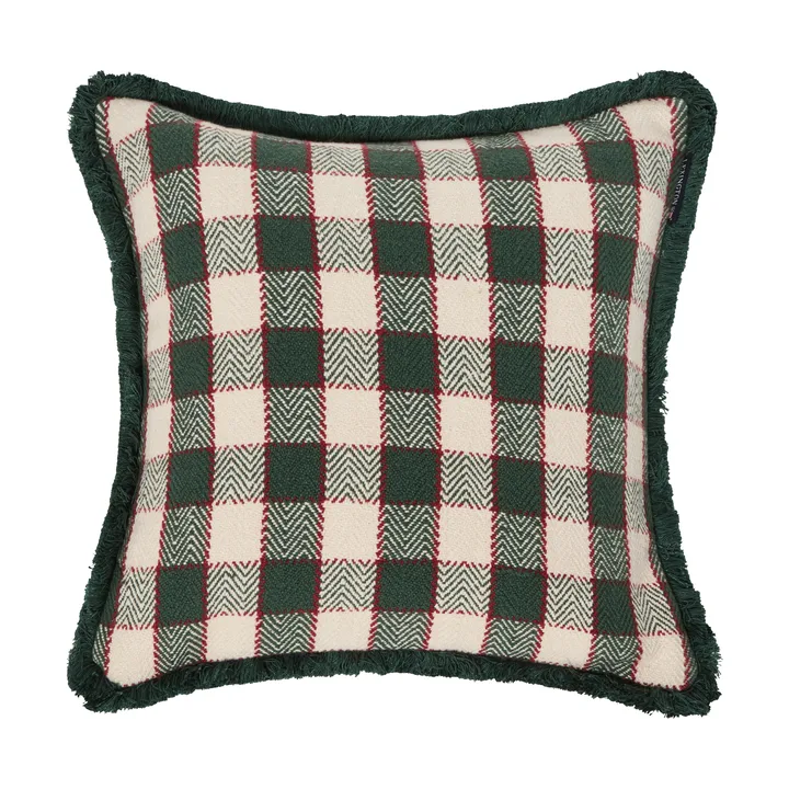 Checked organic cotton fringe kuddfodral - Green-light beige-red - Lexington