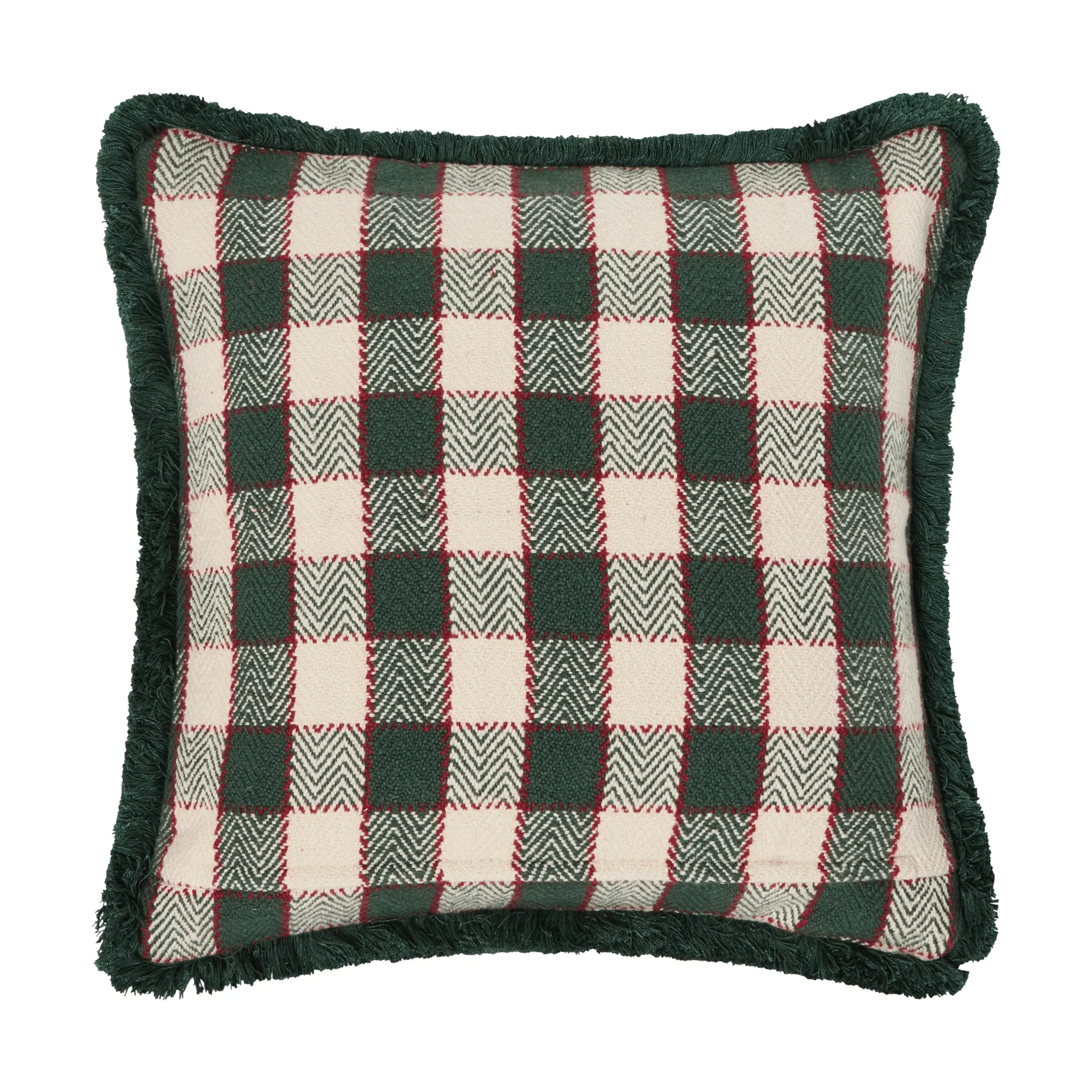 Checked organic cotton fringe kuddfodral, Green-light beige-red Lexington