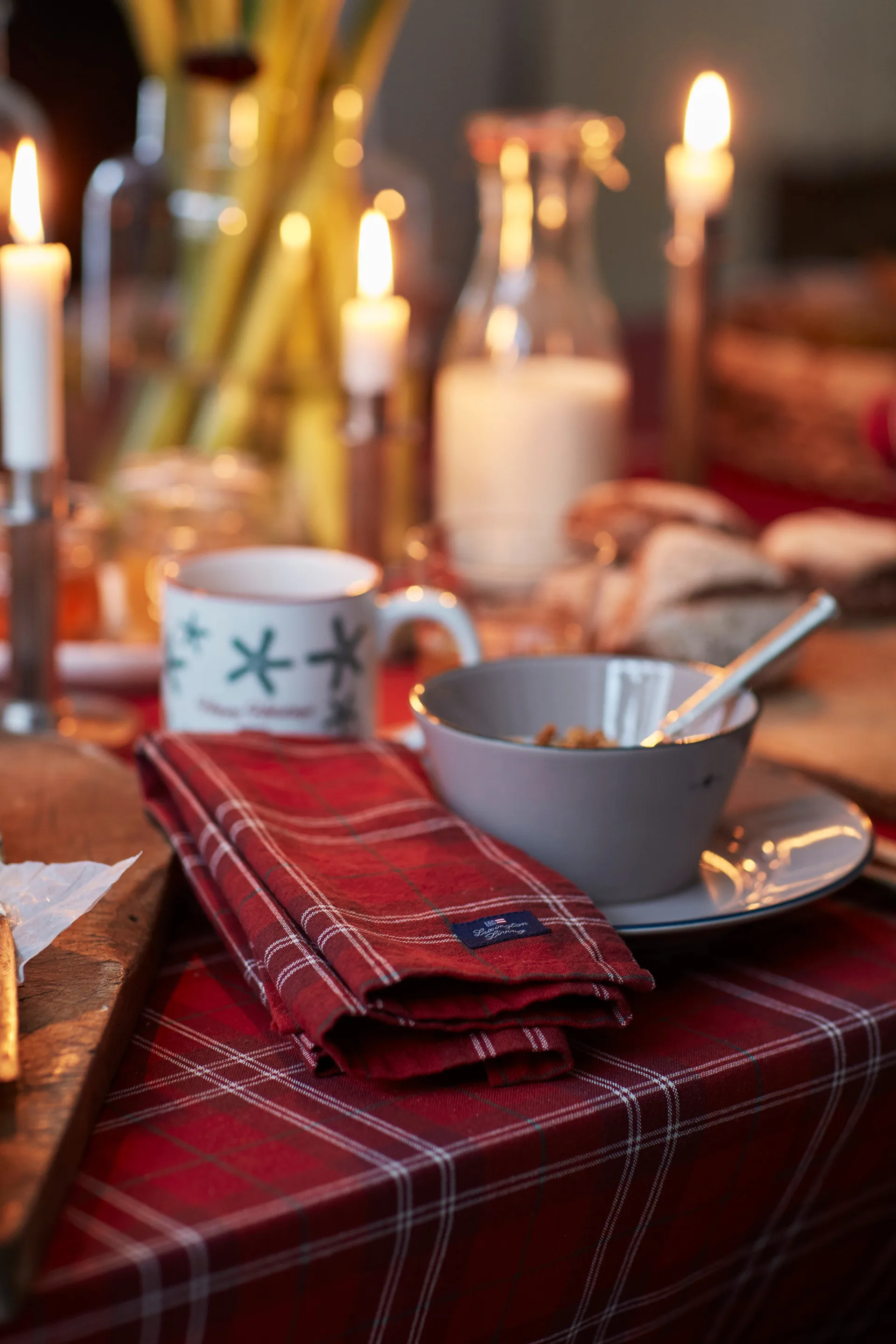 Checked Organic Cotton Oxford tygservett 50x50 cm, Red-beige-green Lexington