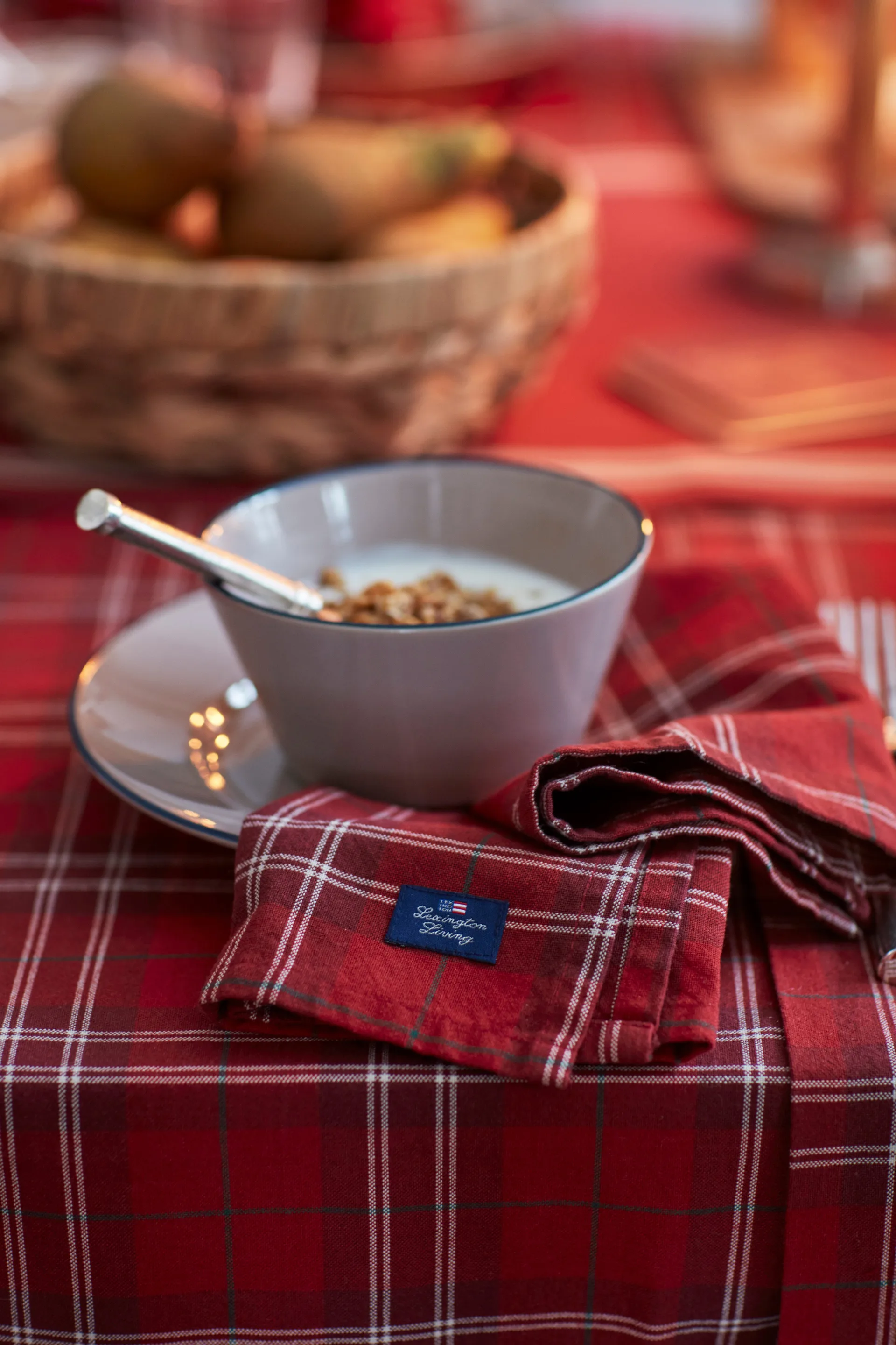 Checked Organic Cotton Oxford tygservett 50x50 cm, Red-beige-green Lexington