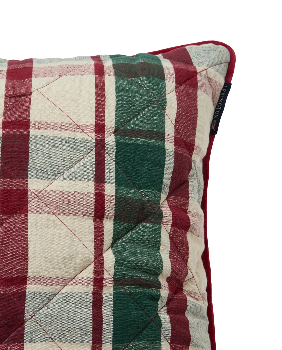 Checked quiltad linne/bomull kuddfodral 50x50 cm, Green-red-beige Lexington