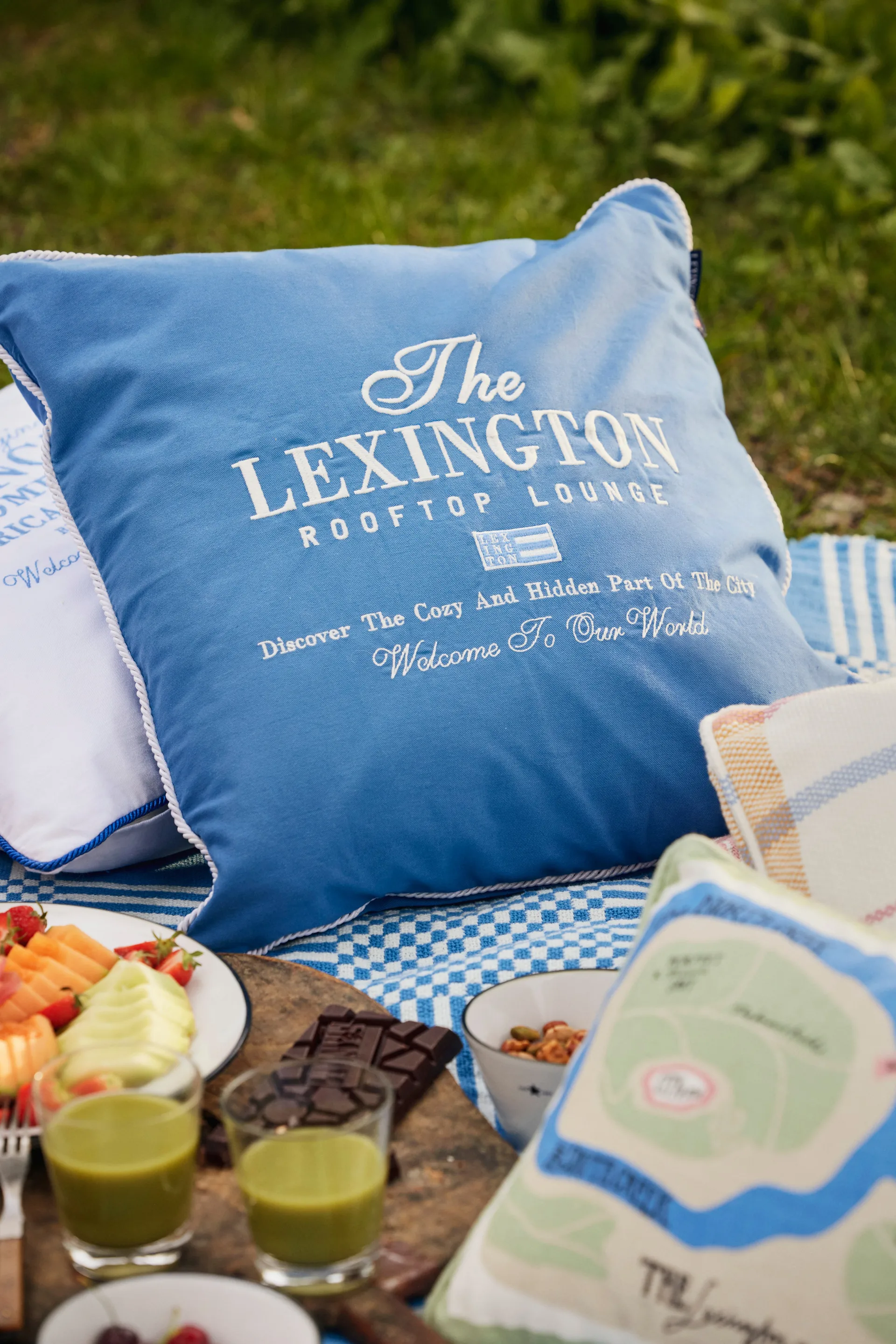Checked Recycled Cotton picknickfilt 150x150 cm, Blue Lexington