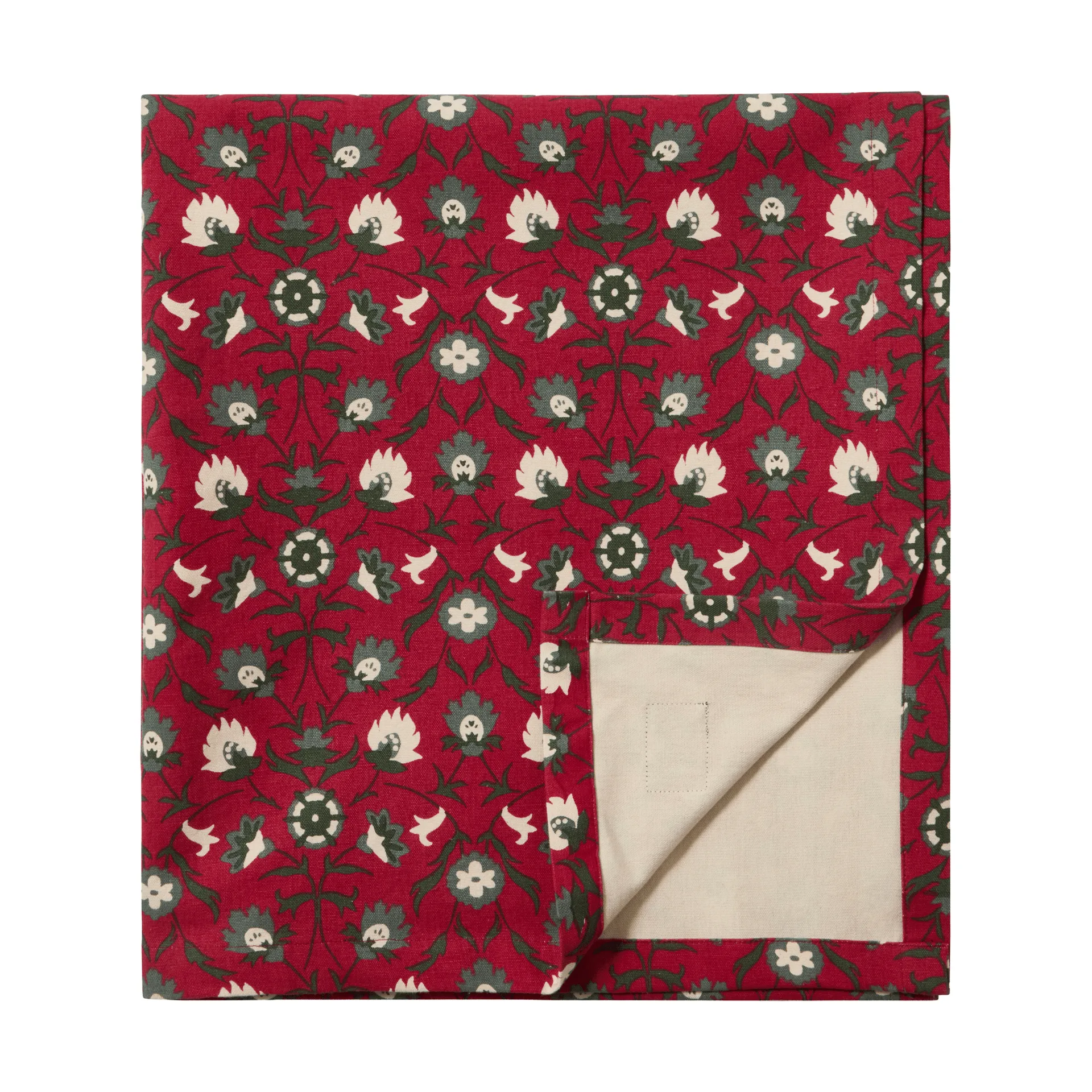 Flower printed ekologisk bomull bordsduk, Red-beige-green, 150x250 cm Lexington