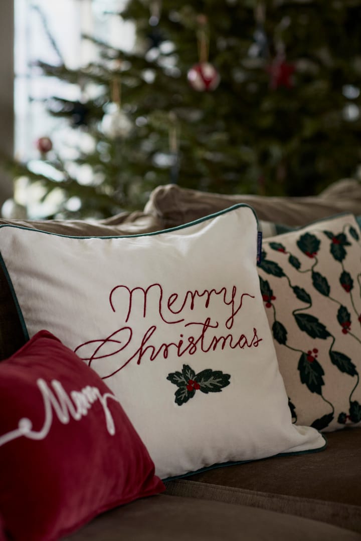 Merry Christmas Cotton Velvet kuddfodral 50x50 cm, Off white-red Lexington
