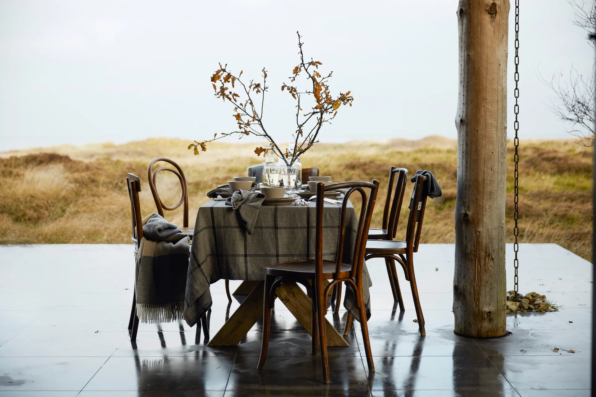 Pepita Check Cotton Linen bordsduk 150x250 cm, Dark gray-beige Lexington