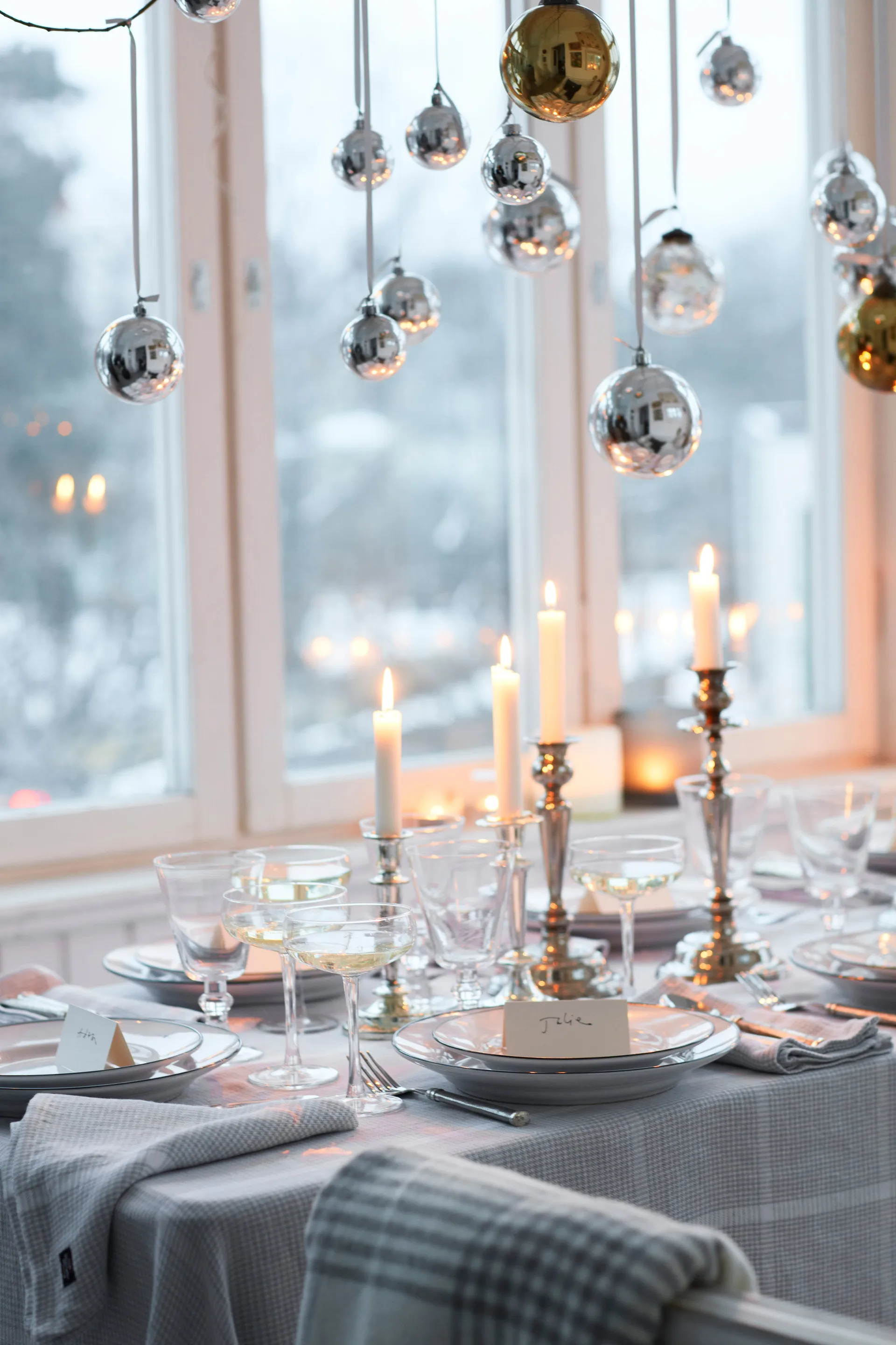 Pepita Check Cotton Linen bordsduk 150x250 cm, White-light gray Lexington