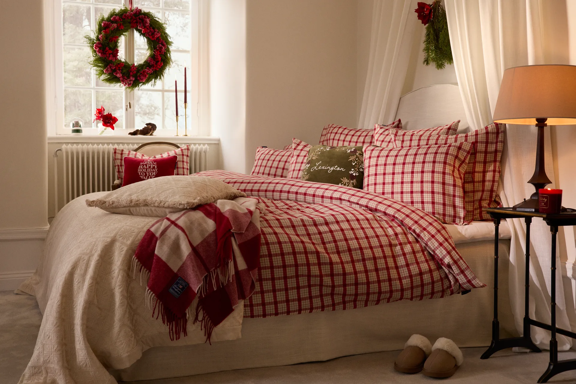 Red-beige Checked bomull flanell bäddset 2 delar, 50x60 cm, 150x210 cm Lexington