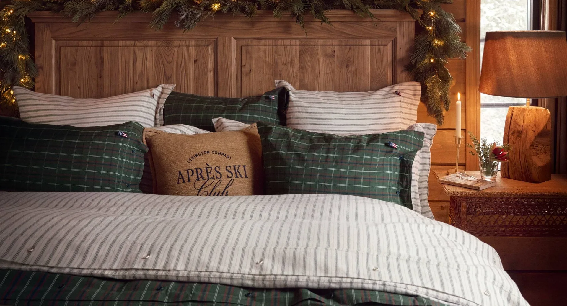Stripe cotton flannel bäddset, White-green-beige, 50x60 cm/150x210 cm Lexington