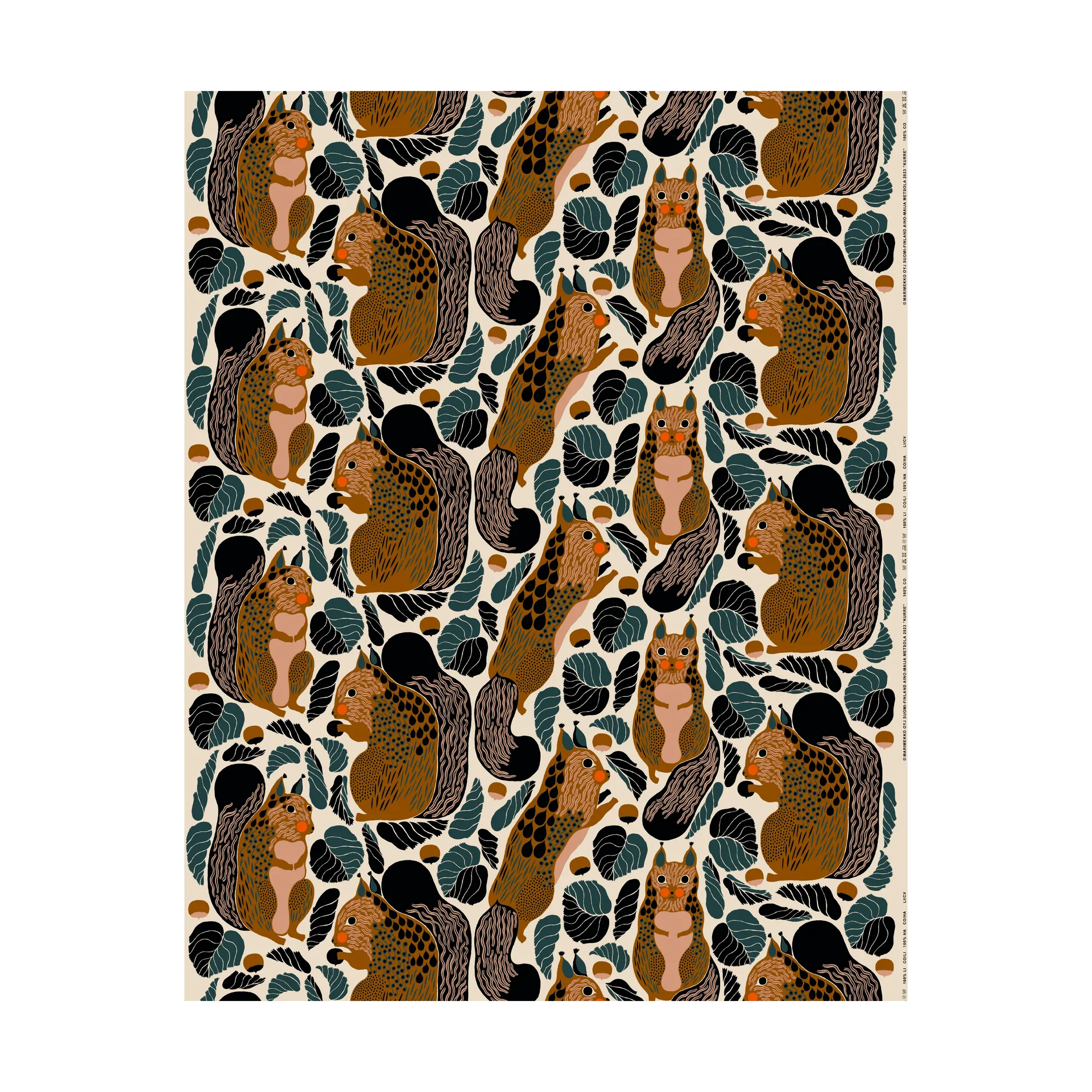 Kurre tyg bomull-linne, Linen-brown-black-red Marimekko