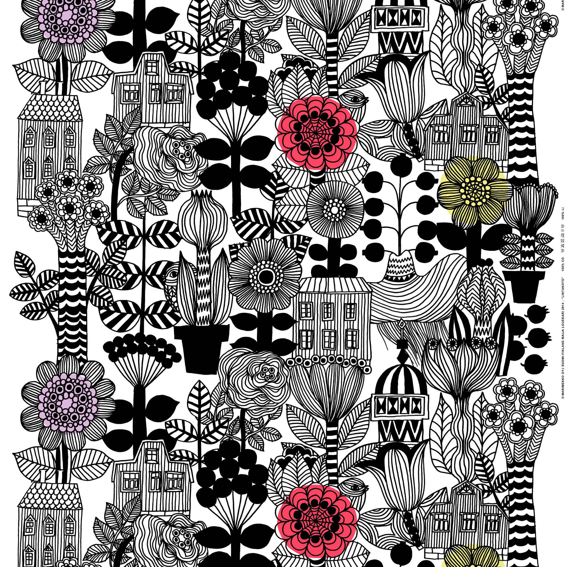 Lintukoto tyg, vit-svart-gul Marimekko