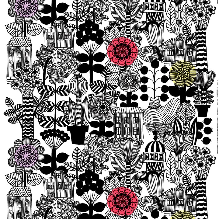 Lintukoto tyg, vit-svart-gul Marimekko