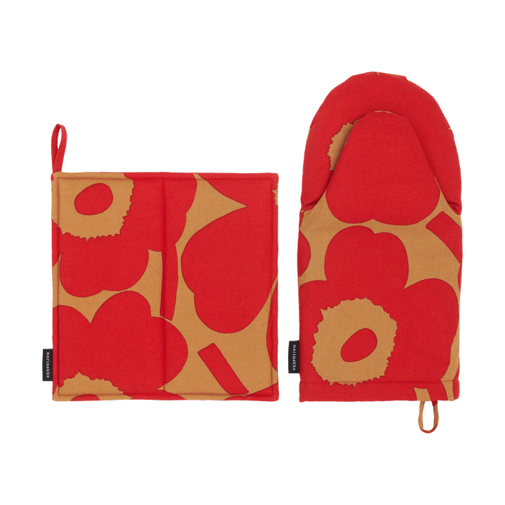 Pieni Unikko grytvante och grytlapp set 2 delar, Brown-red Marimekko