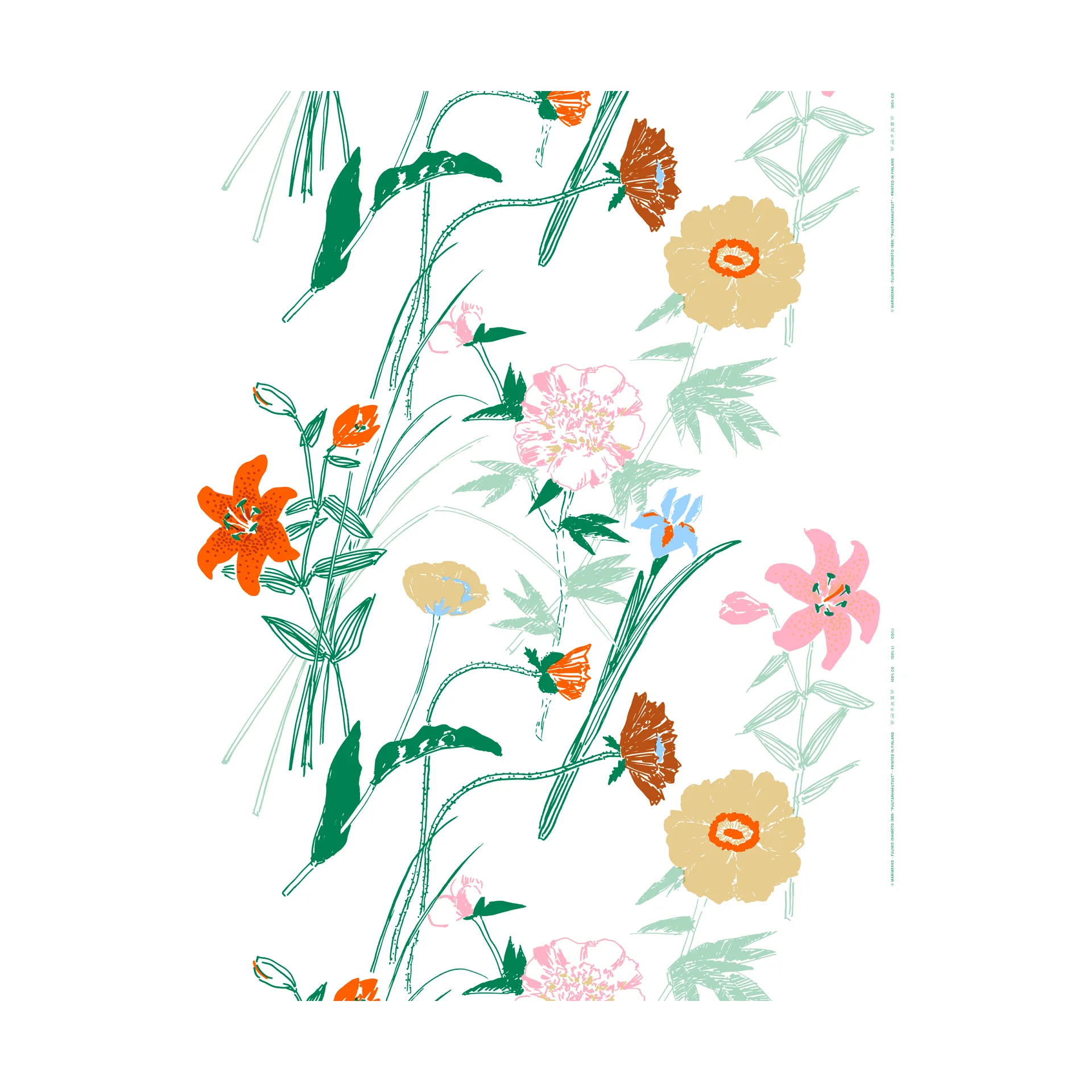 Puutarhakutsut bomullstyg, White-green-orange Marimekko