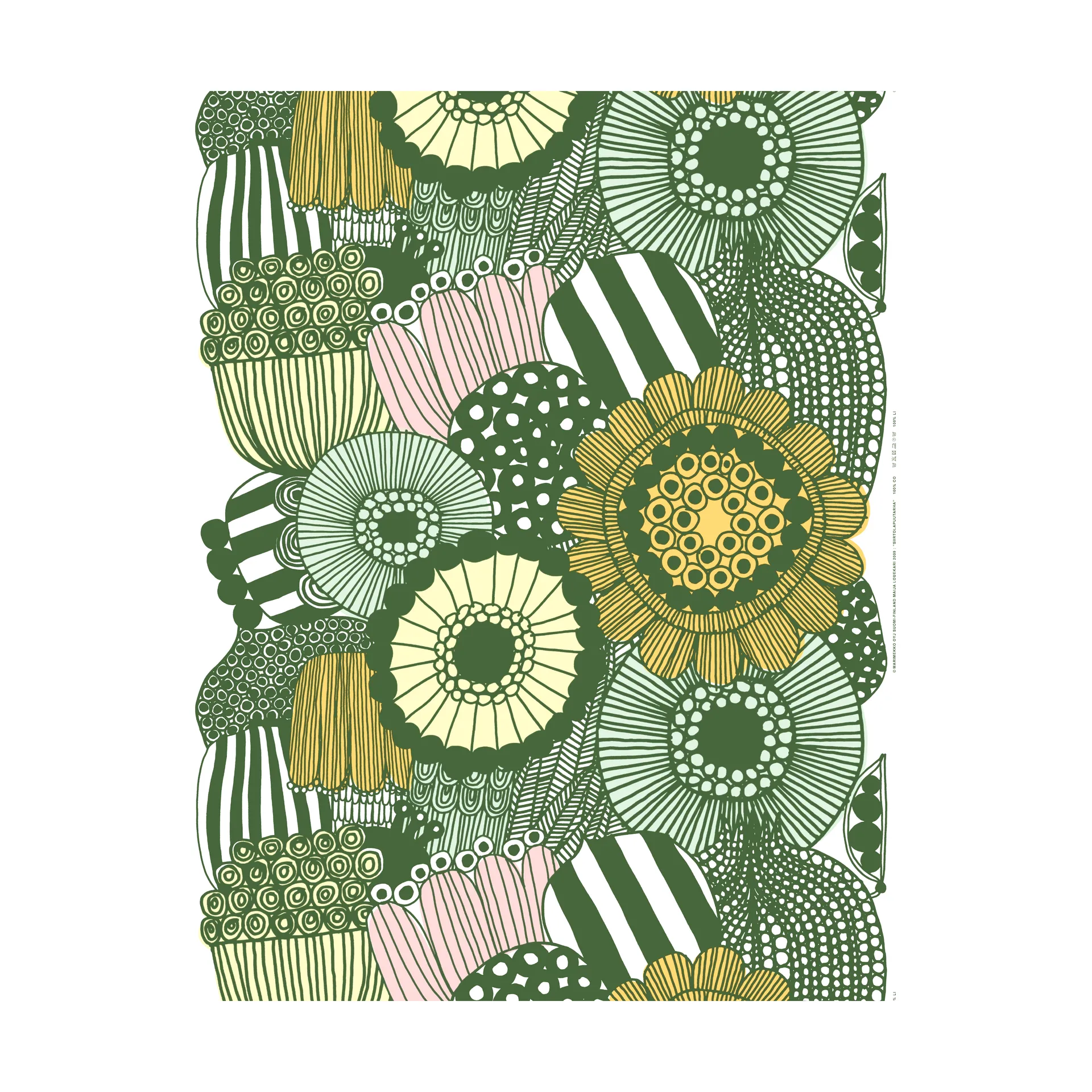 Siirtolapuutarha tyg, White-green-light yellow-orange Marimekko
