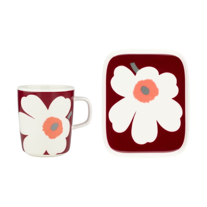 Unikko 60-årsjubileum mugg 25 cl+tallrik 12x15 cm - White-dark cherry-ash grey - Marimekko