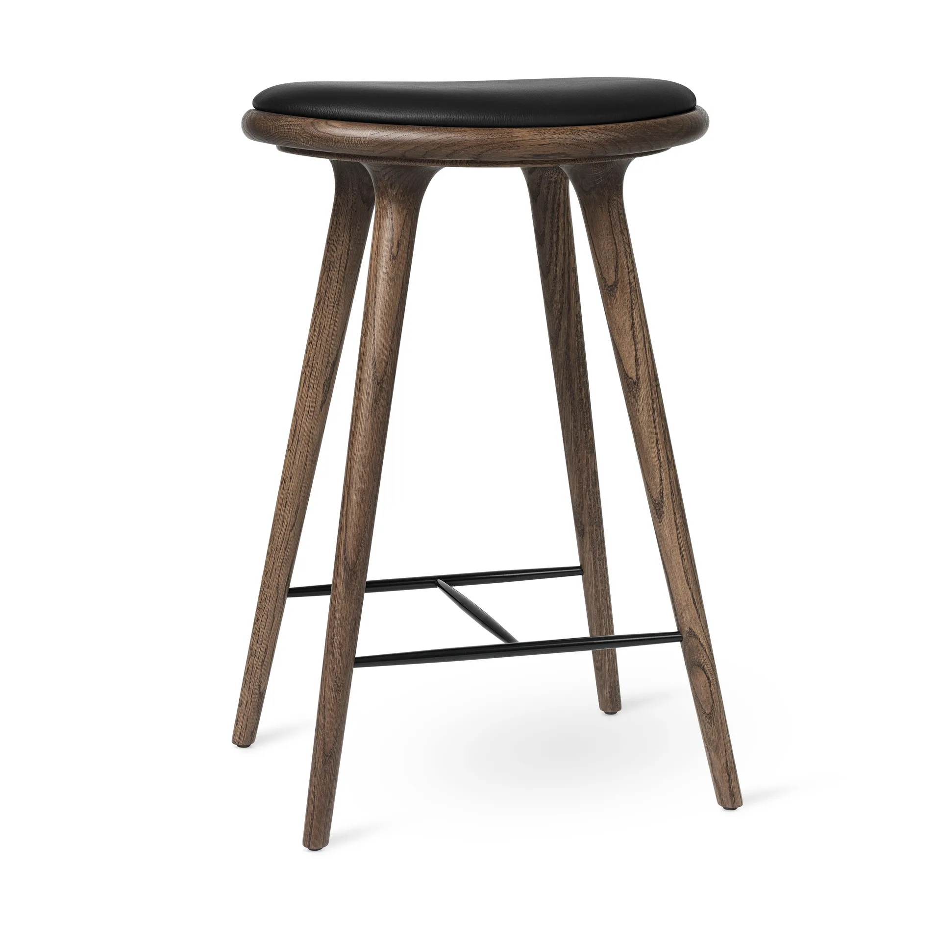 High stool barpall 69 cm, läder svart, brunbetsat ekstativ Mater