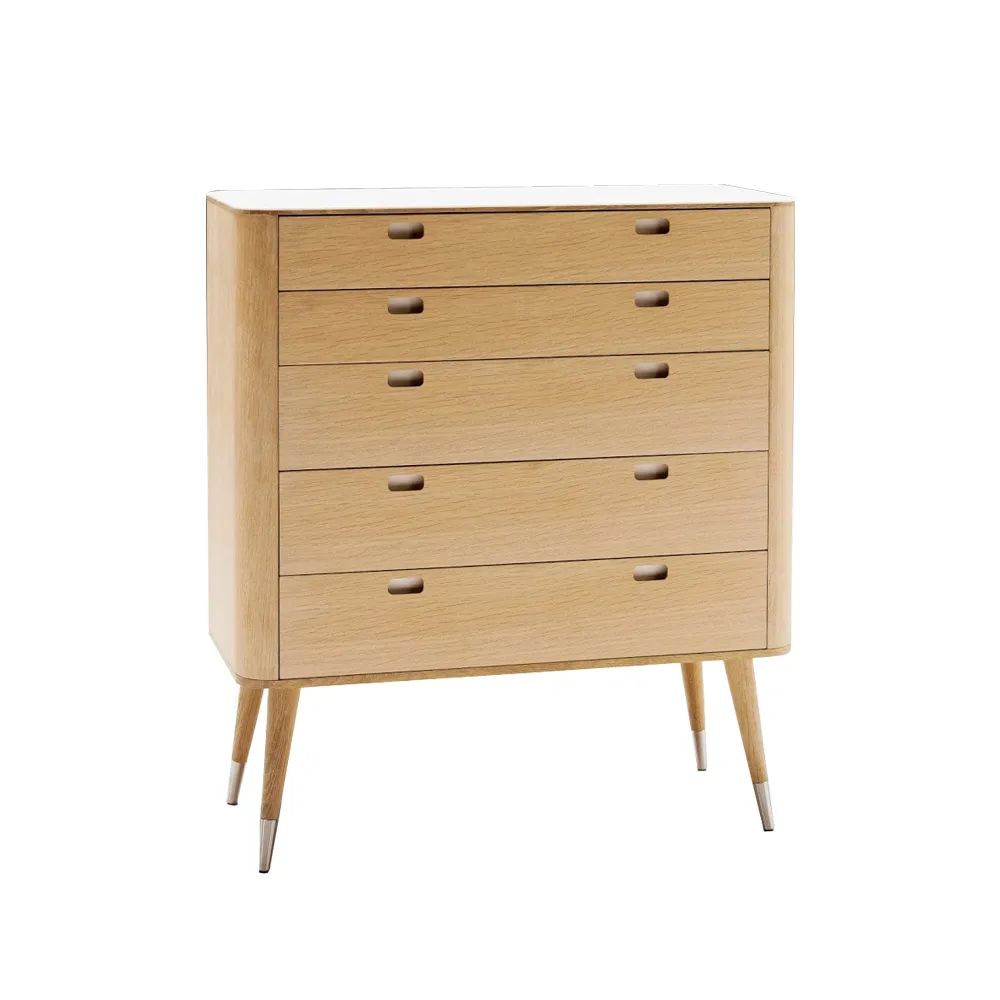 AK 2430 byrå, ek olja, vit corian topp, stålkappor på ben, 5 lådor Naver Collection