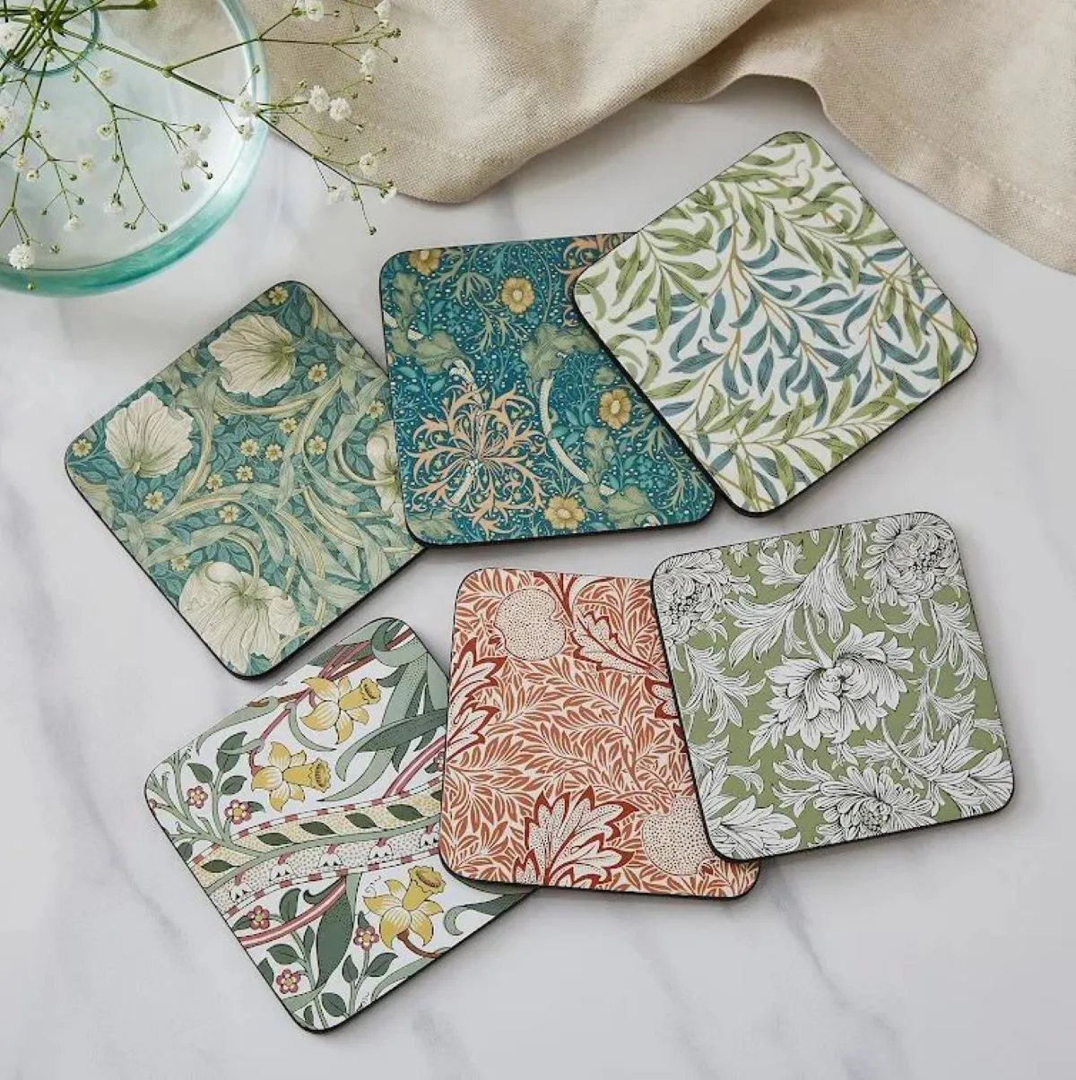 Morris & Co Willow Bough glasunderlägg 6-pack, Grön, blå Pimpernel