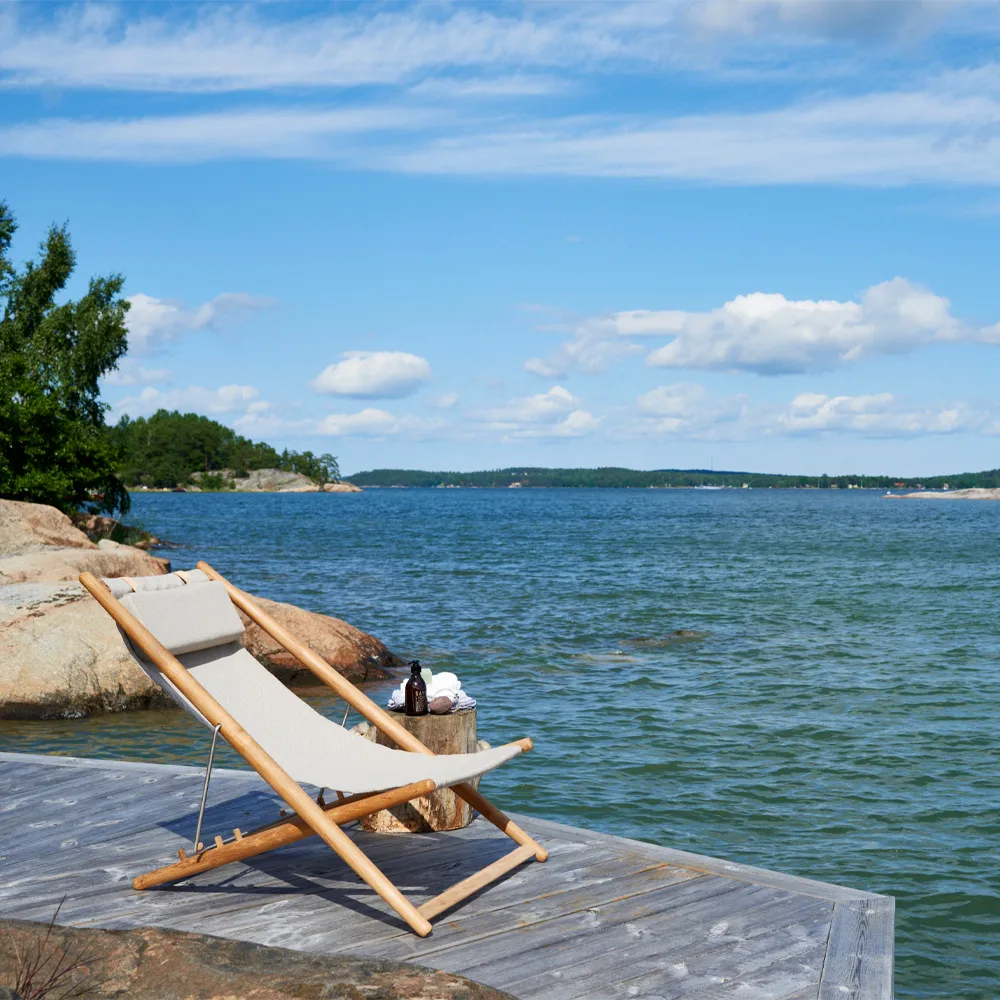 H55 vilstol teak, Sunbrella Heritage Leaf green Skargaarden