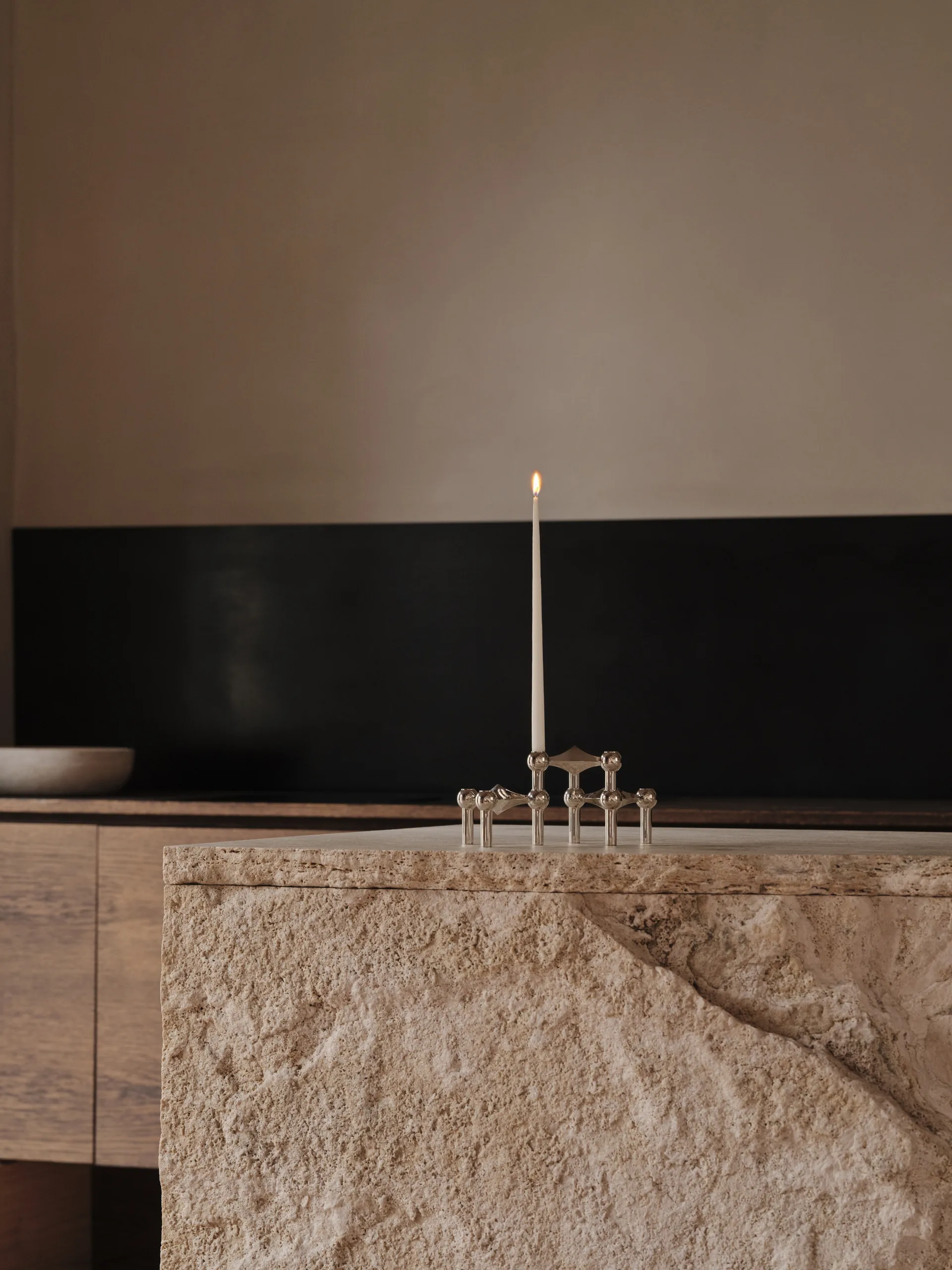 STOFF Nagel ljusstake krom 3-pack + Linen grey ljus 12-pack STOFF