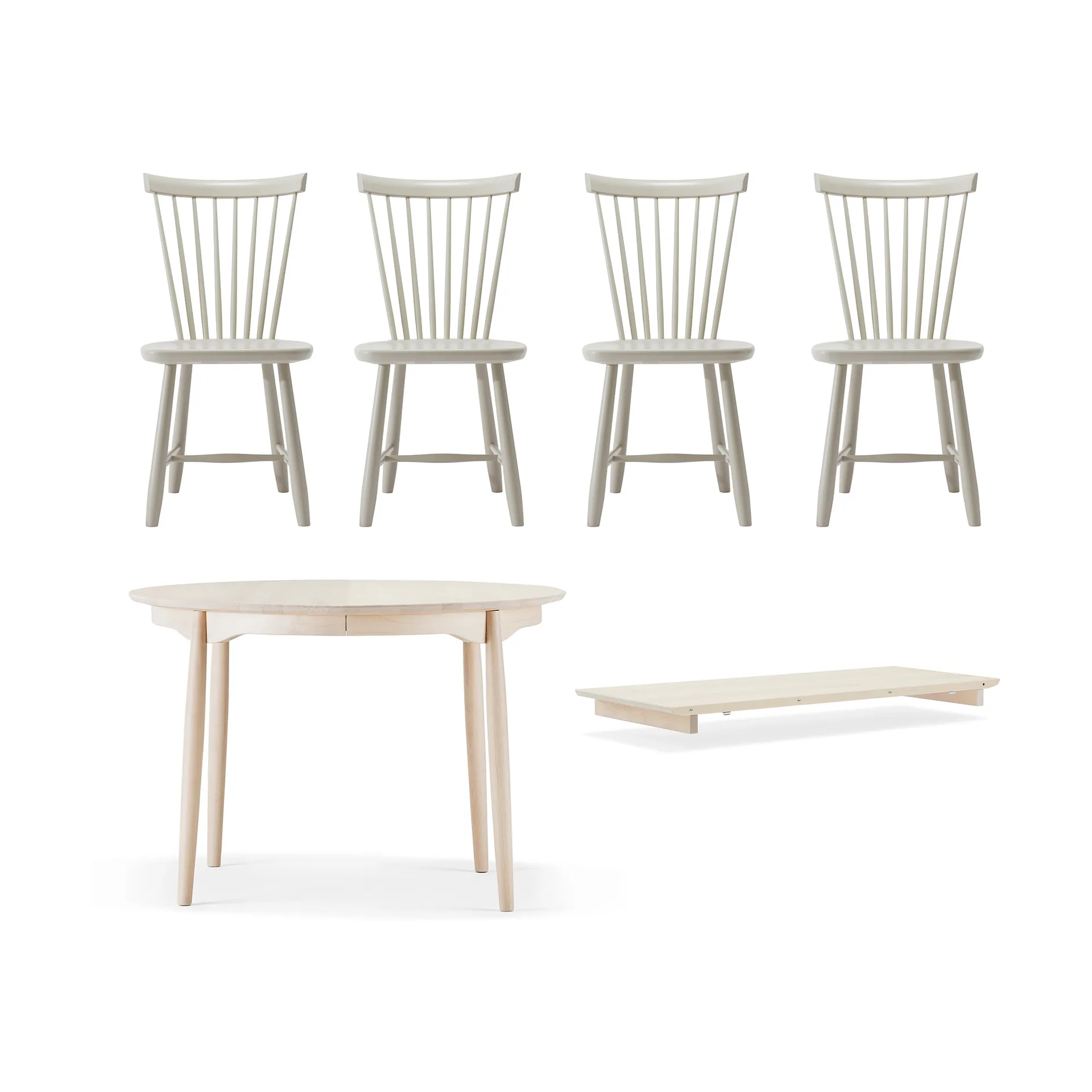 Carl matbord Ø115 & Ilägg + Lilla Åland stol 4-pack – Ljus björk-beige Stolab